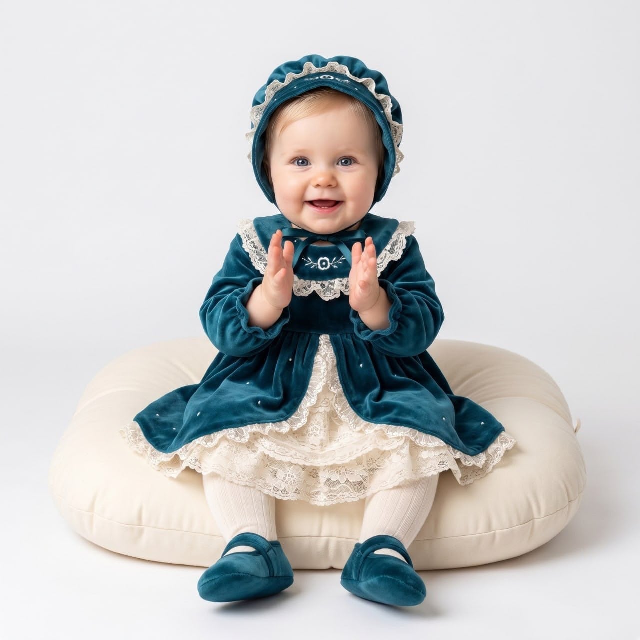 Zümrüt Yeşili Vintage Kadife Kız Bebek Elbise 4'lü Set – Önü Açık Dantelli Nakışlı Kutulu Takım