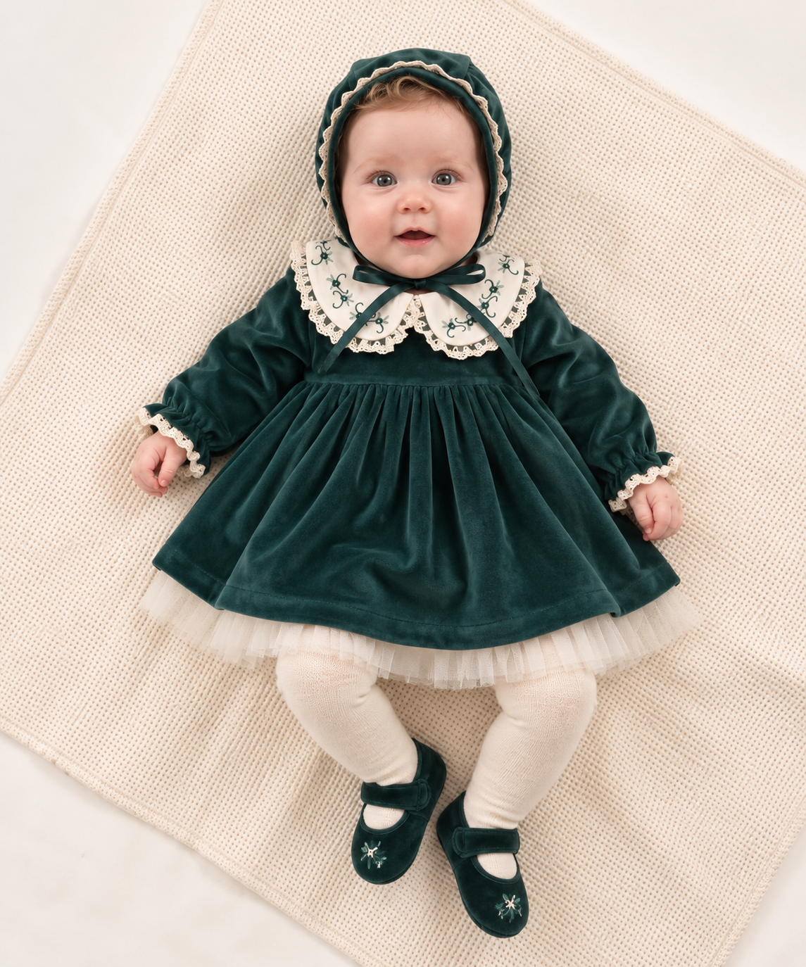 Zümrüt Yeşili Vintage Kadife Kız Bebek Elbise 4'lü Set – Nakışlı Yaka Tül Detaylı Kutulu Takım