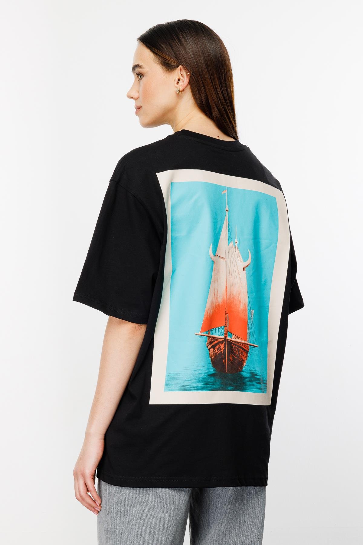 Sailing Ship Oversize Tshirt - Siyah