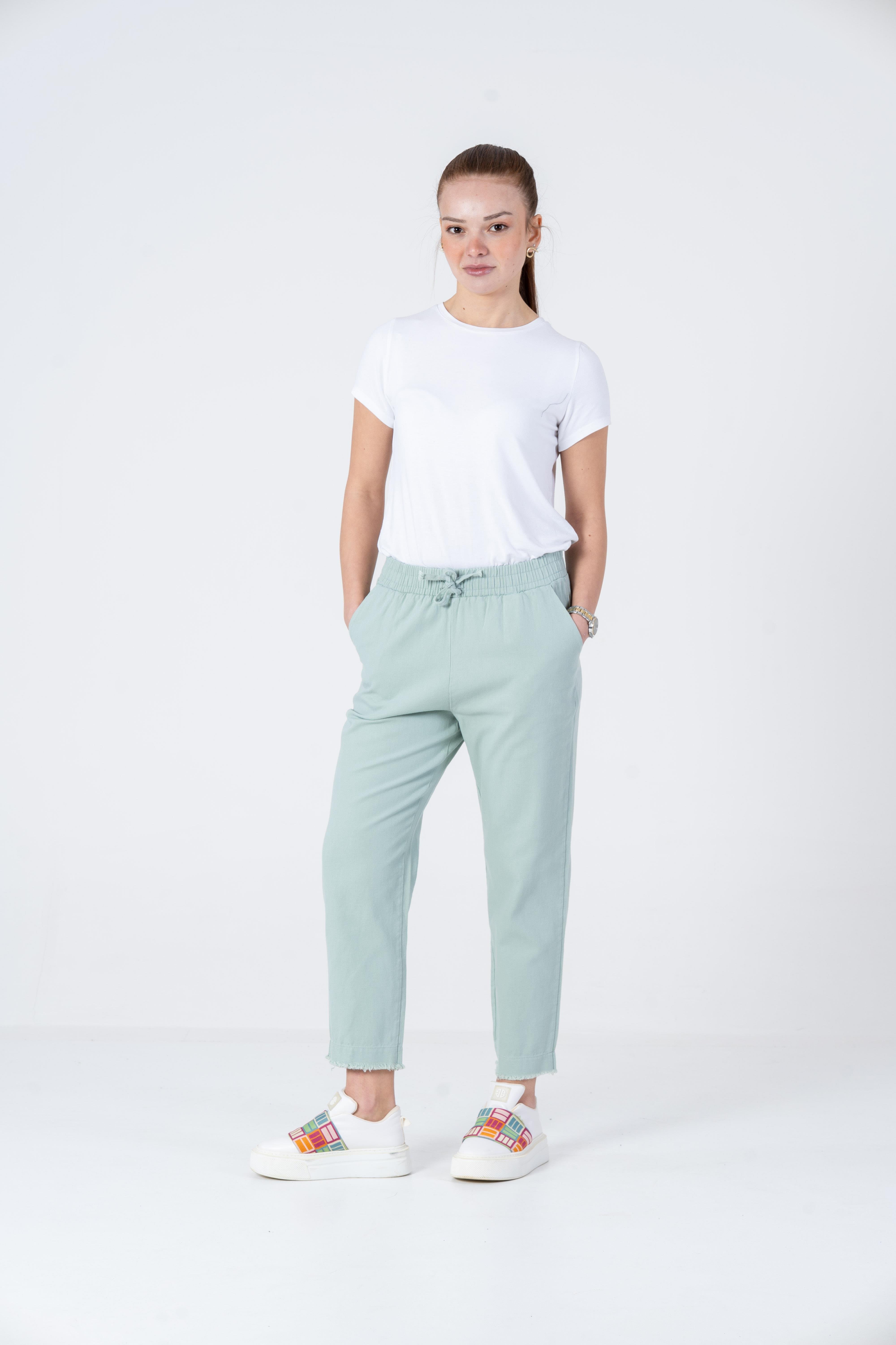 VerdeBlanco Havuç Kesim Paçası Püsküllü Müslin Pantolon Mint Yeşili