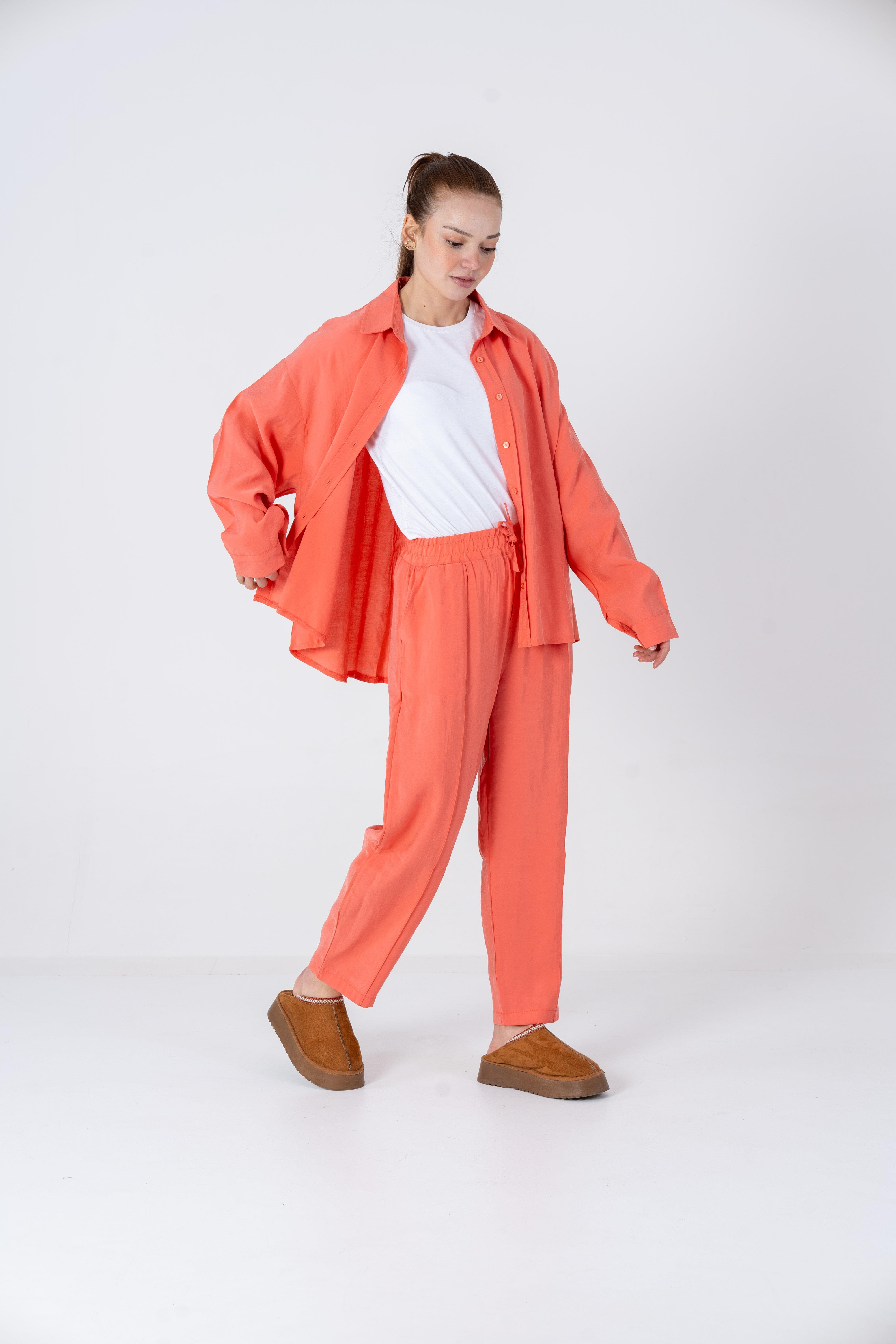 VerdeBlanco Oversize Önden Çimalı Pantolon ve Gömlek Takım Nar Çiçeği