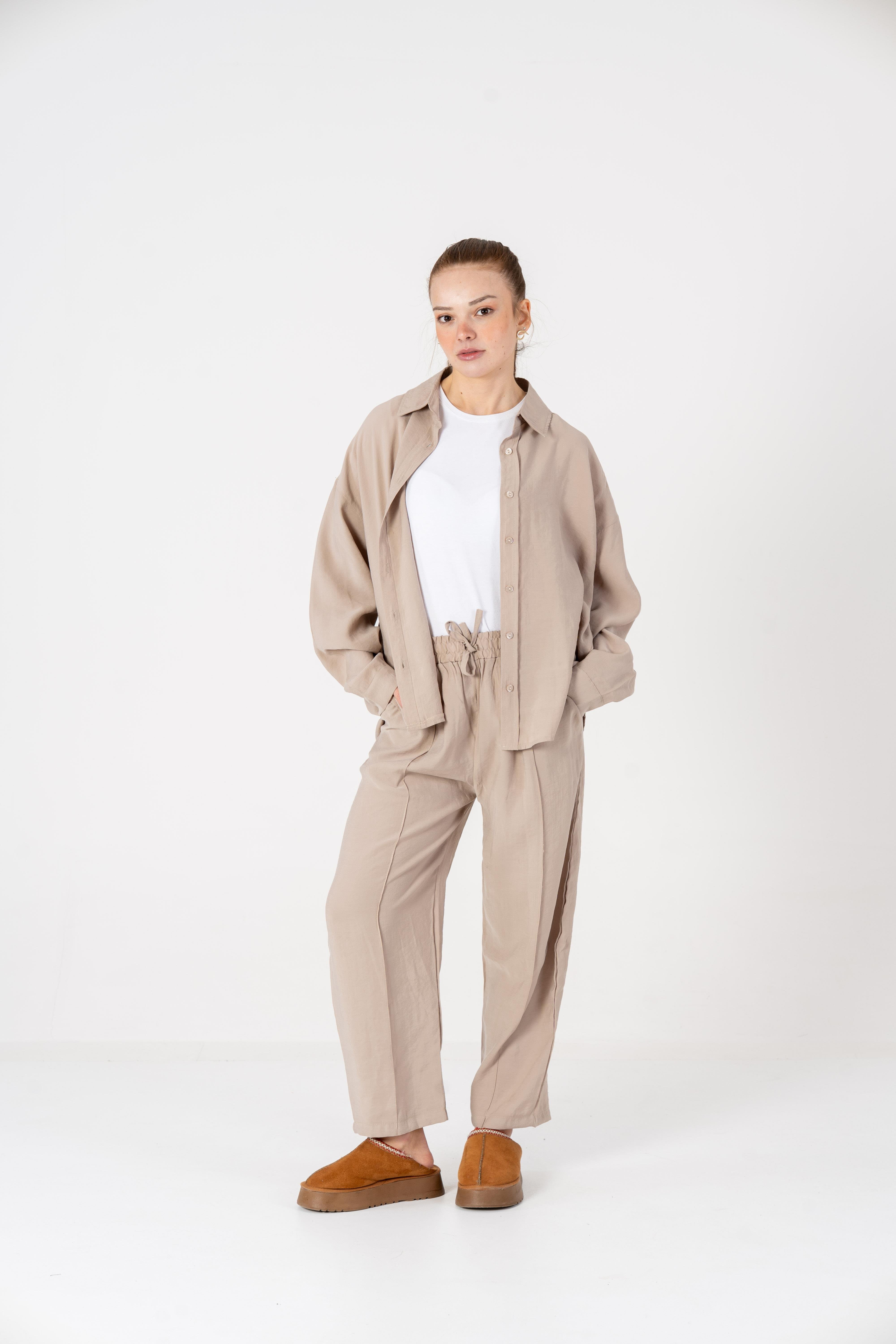 VerdeBlanco Oversize Önden Çimalı Pantolon ve Gömlek Takım Krem