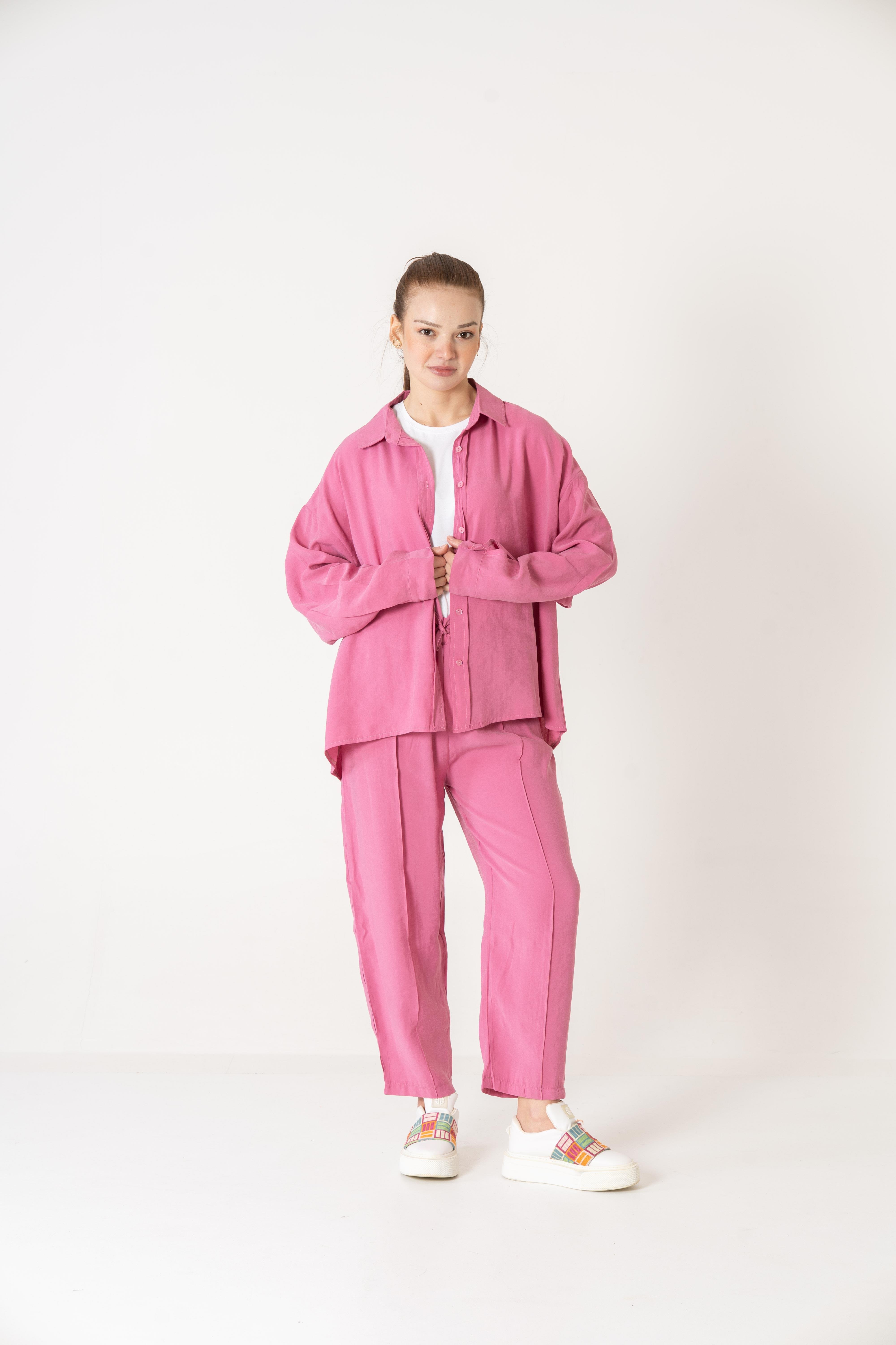 VerdeBlanco Oversize Önden Çimalı Pantolon ve Gömlek Takım Fuşya