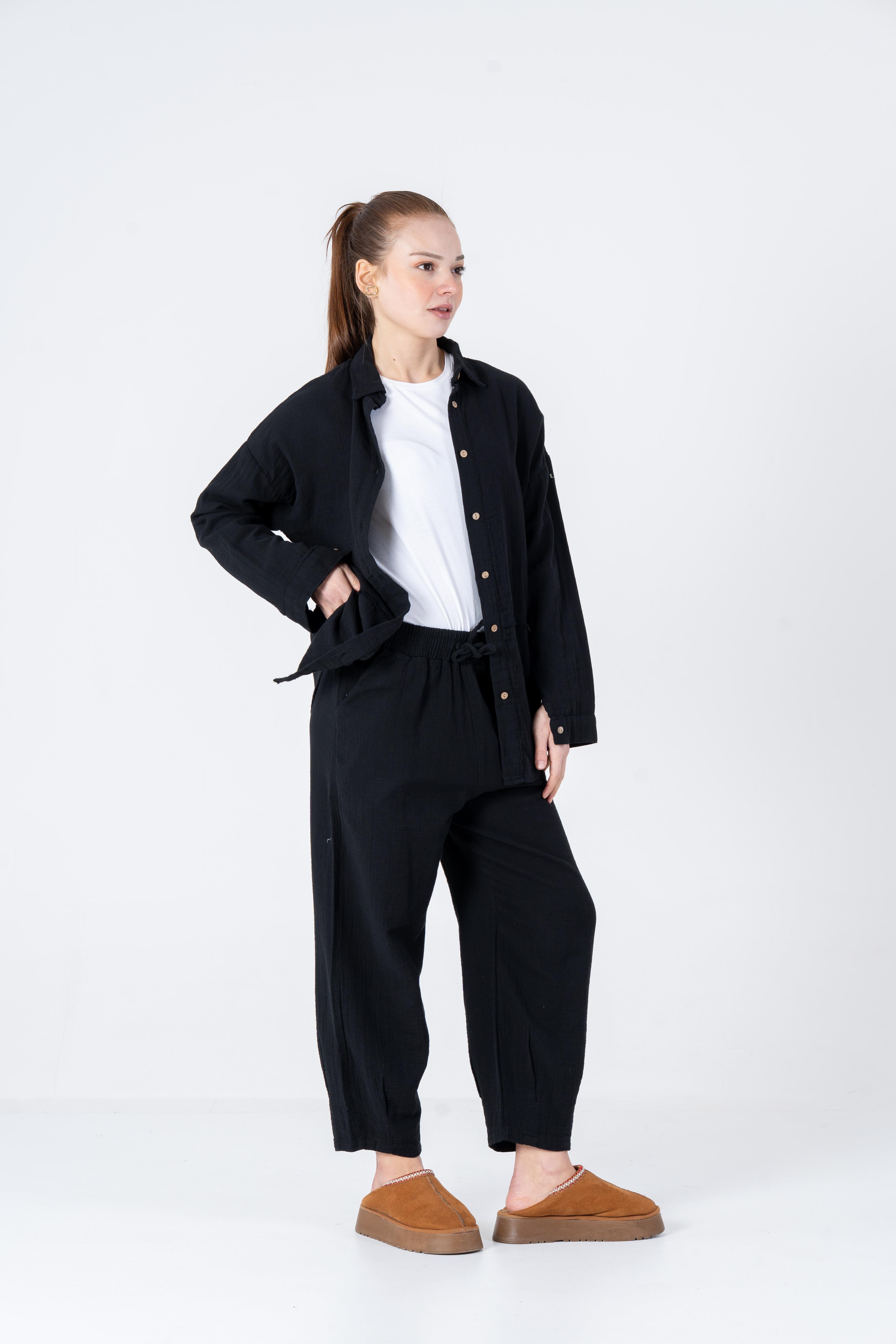 VerdeBlanco Rahat Kesim Krinkıl Jogger Pantolon ve Gömlek Takımı Siyah