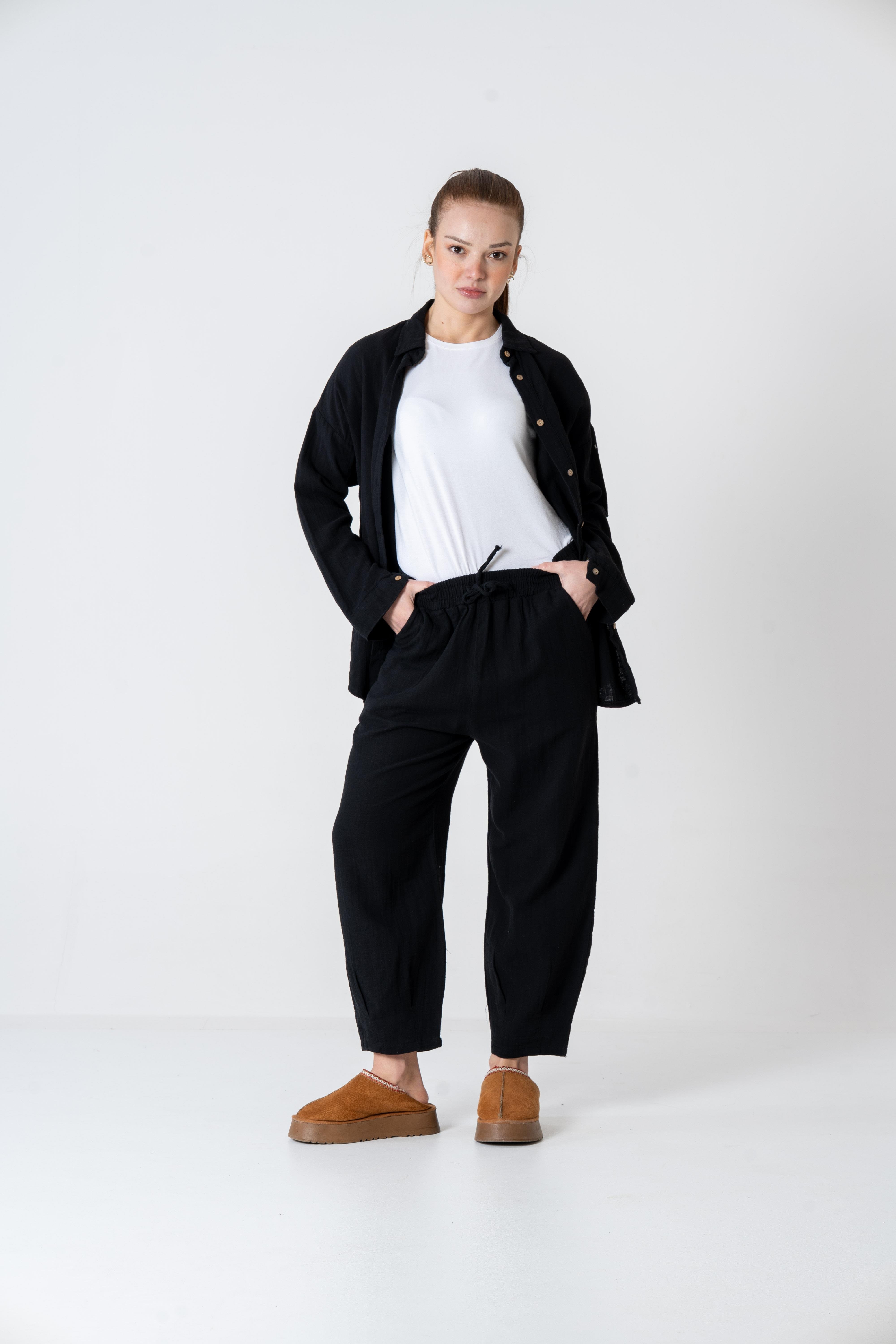 VerdeBlanco Rahat Kesim Krinkıl Jogger Pantolon ve Gömlek Takımı Siyah