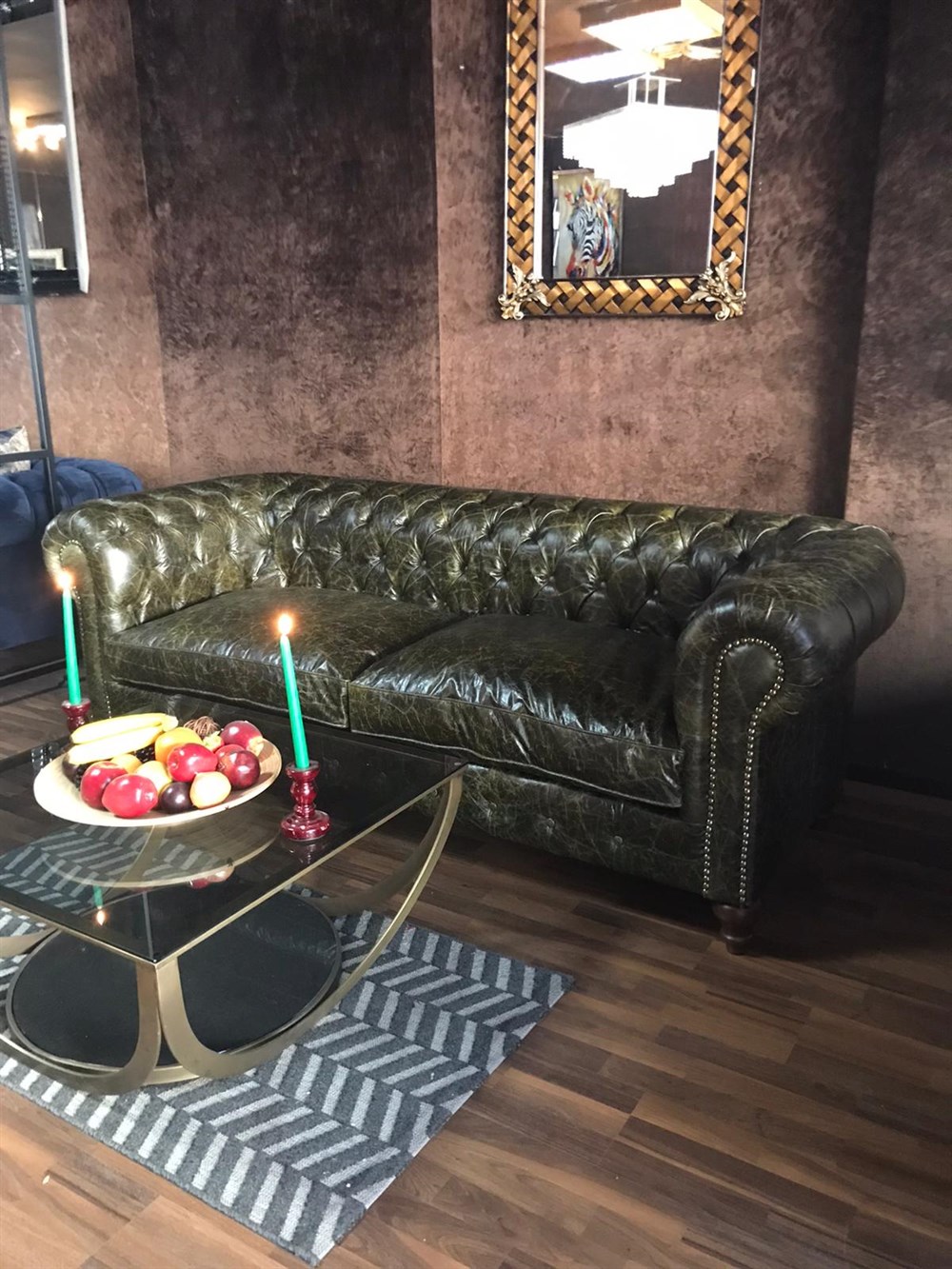 3A GREEN OLD NAWY HAKİKİ DERİ CHESTERFİELD 