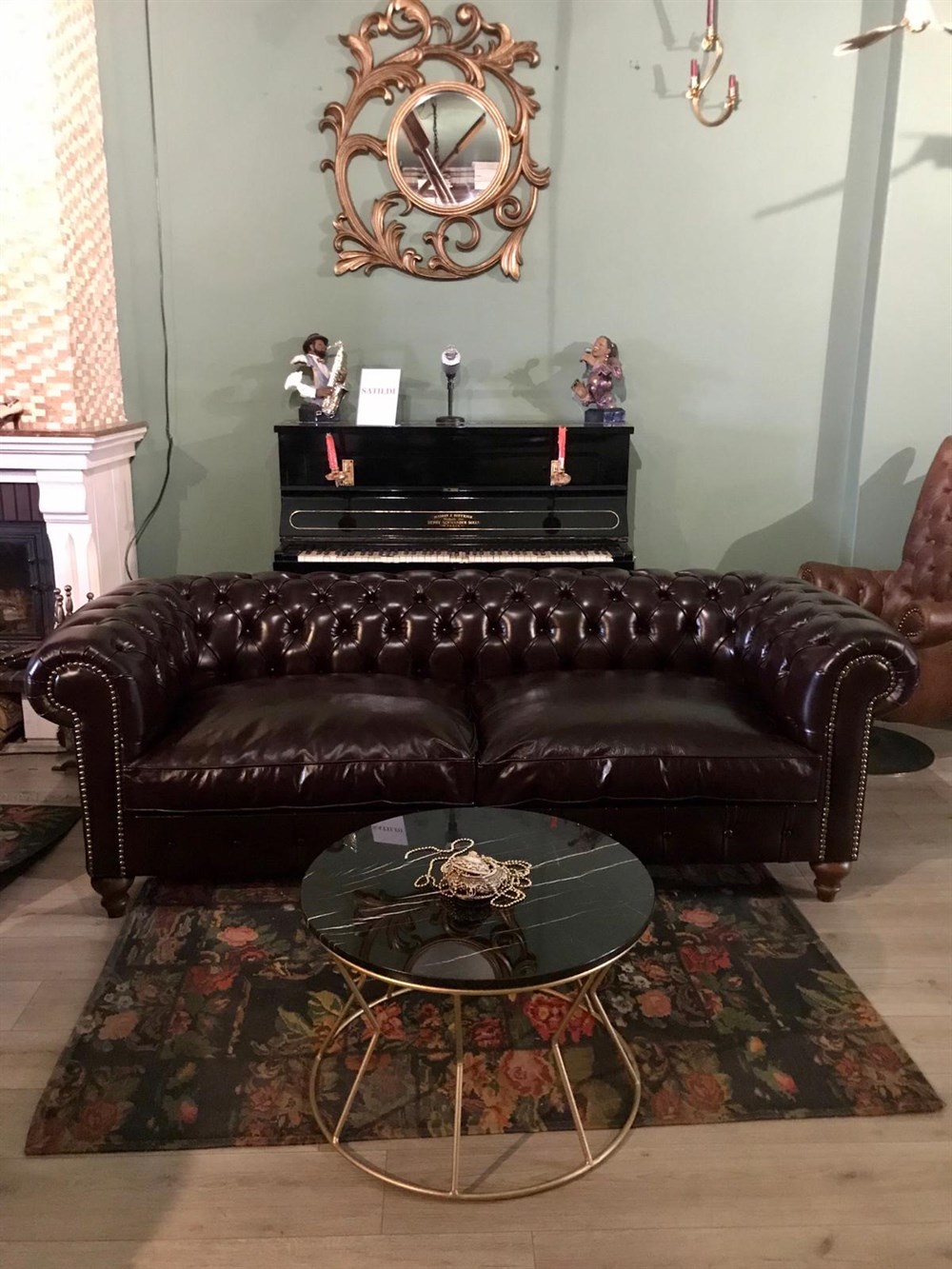 3A HAKİİ DERİ YAĞ YEŞİLİ CHESTERFİELD