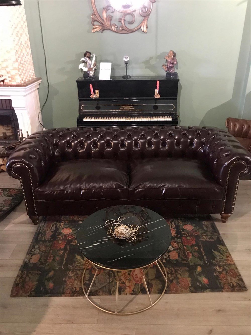 3A HAKİİ DERİ YAĞ YEŞİLİ CHESTERFİELD