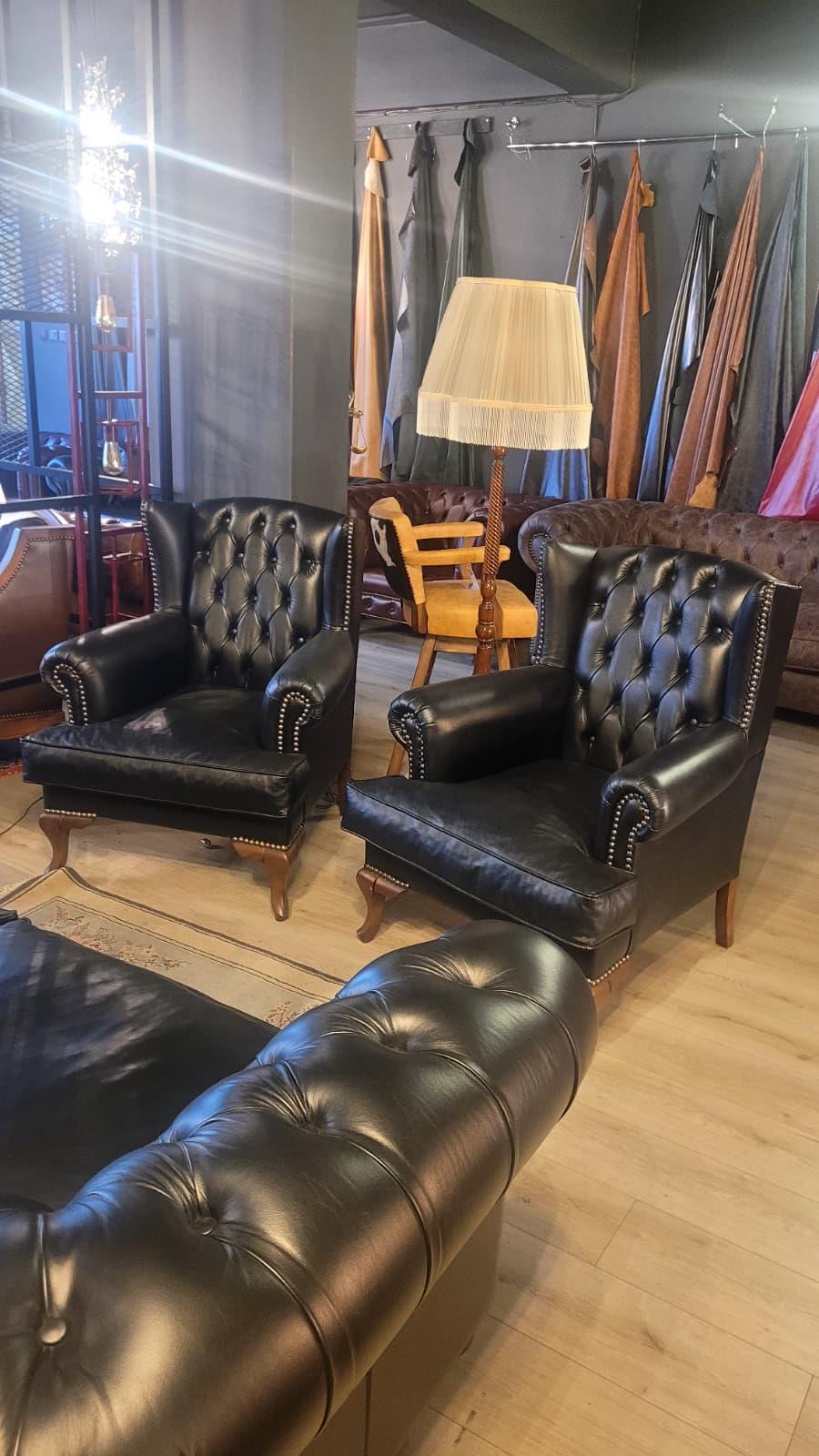 3A MOBİLYA HAKİKİ DERİ BLACK LİNE CHESTERFİELD TAKIMI 