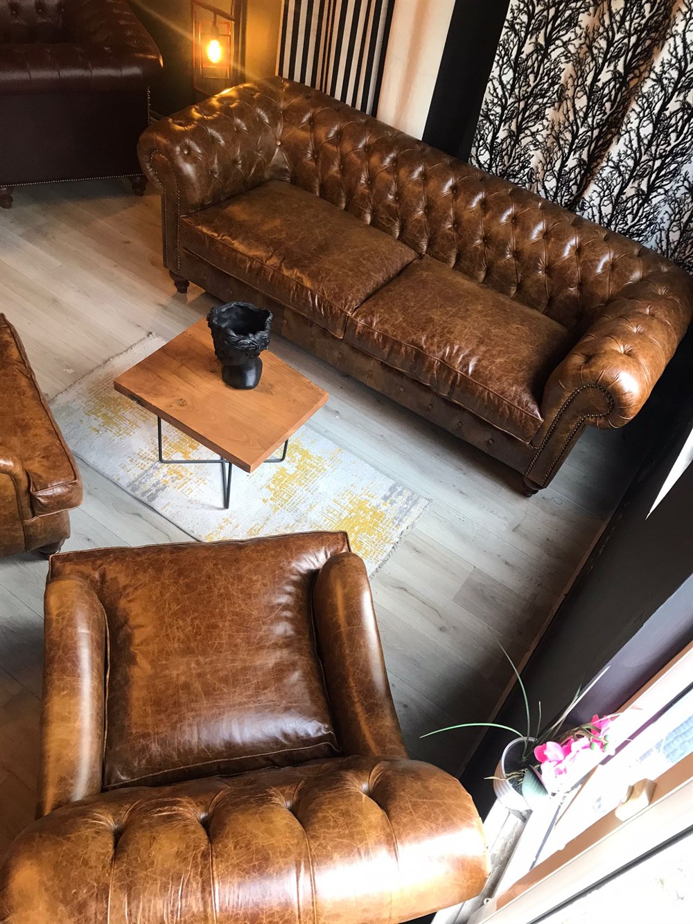 3A MOBİLYA HAKİKİ DERİ ENGLİSH PULLAP CHESTERFİELD TAKIMI