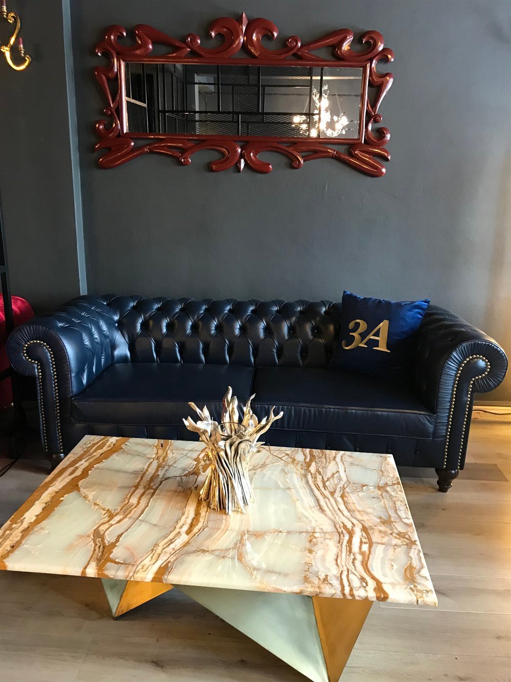 3A MOBİLYA HAKİKİ DERİ MAYA LACİVERT CHESTERFİELD 