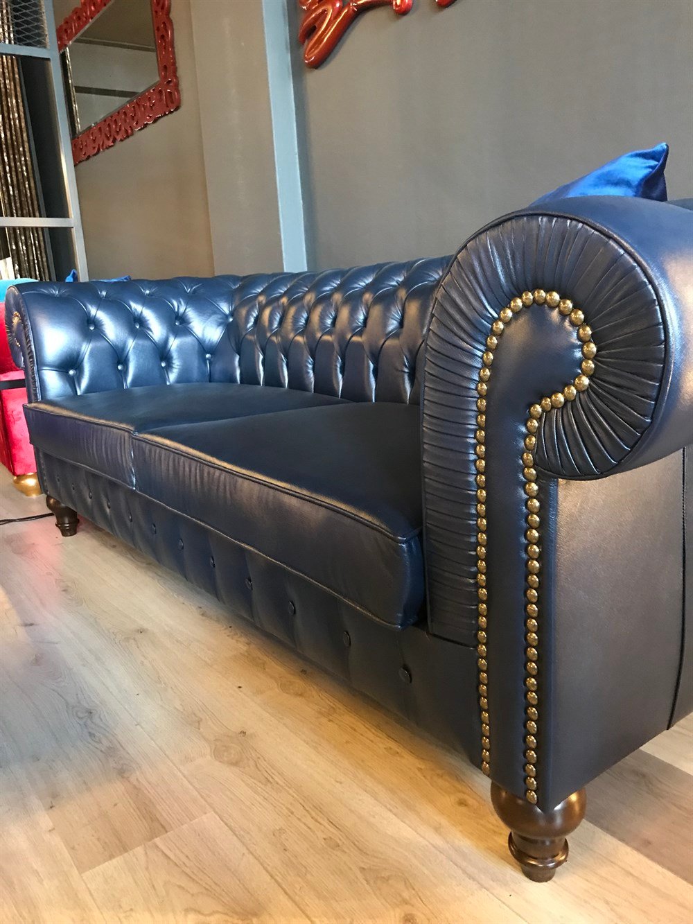 3A MOBİLYA HAKİKİ DERİ MAYA LACİVERT CHESTERFİELD 