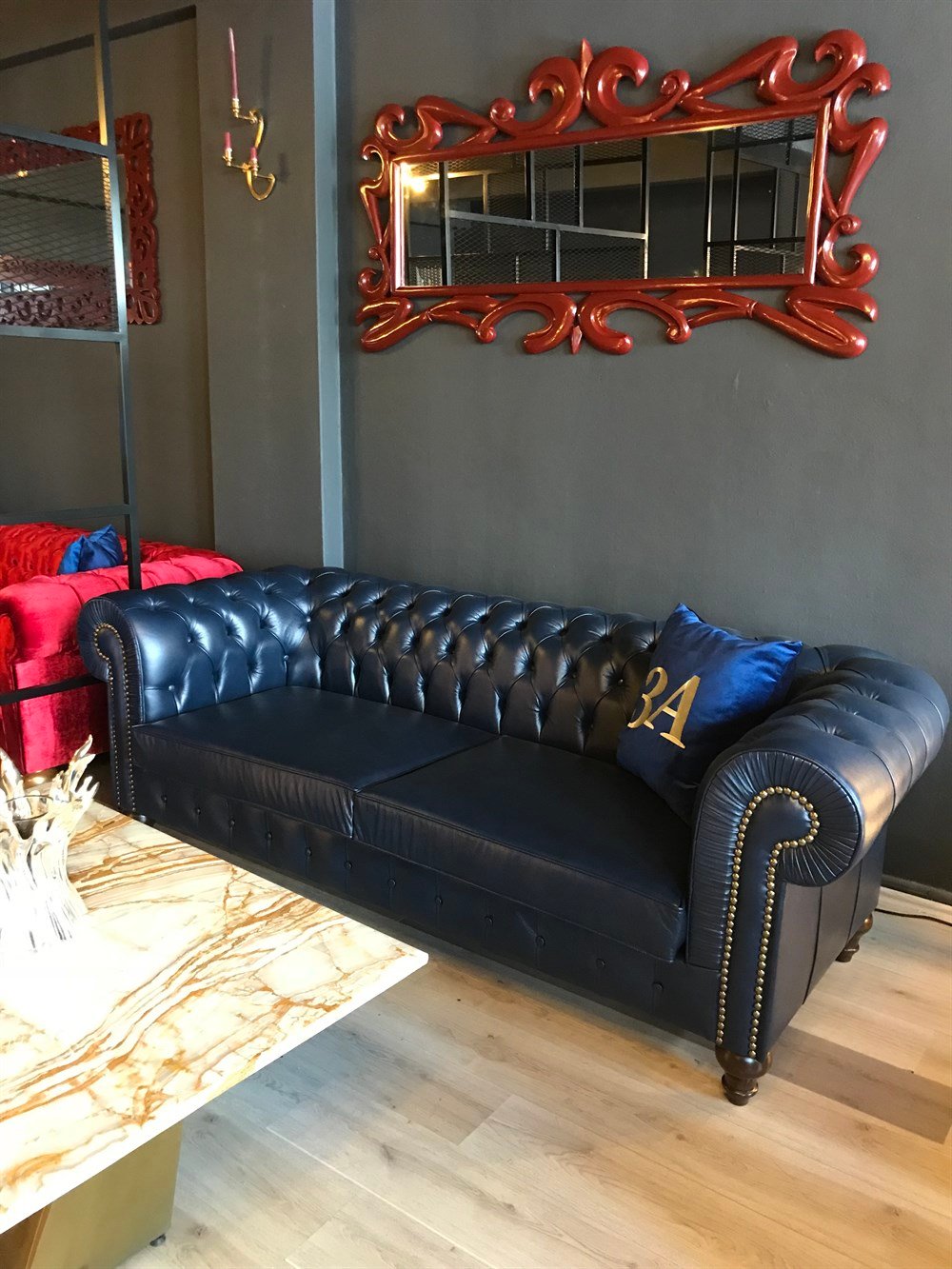 3A MOBİLYA HAKİKİ DERİ MAYA LACİVERT CHESTERFİELD 