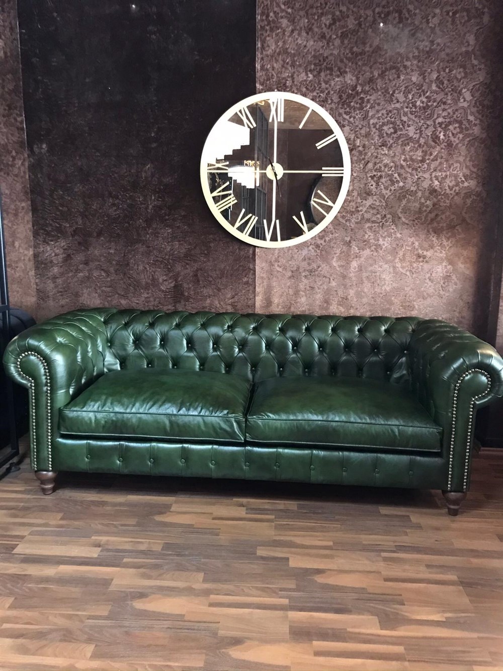 3A MOBİLYA MAYA YEŞİL HAKİKİ DERİ CHESTERFİELD