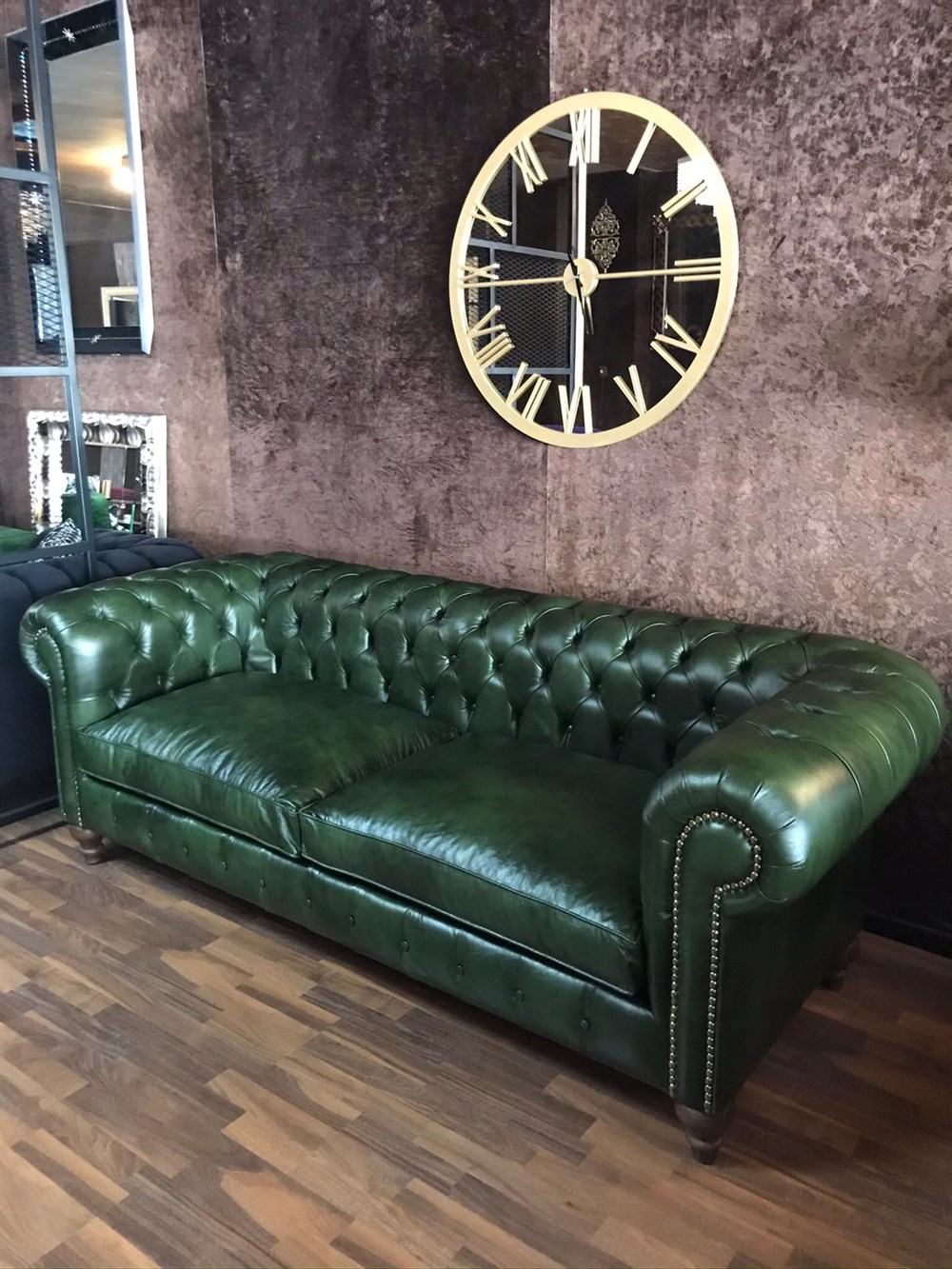 3A MOBİLYA MAYA YEŞİL HAKİKİ DERİ CHESTERFİELD