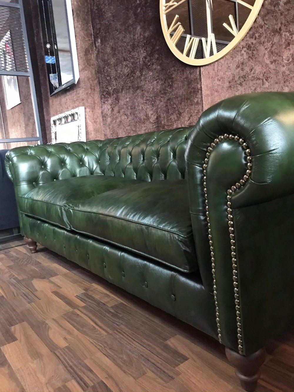 3A MOBİLYA MAYA YEŞİL HAKİKİ DERİ CHESTERFİELD