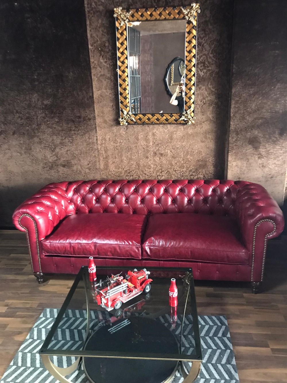 3A MOBİLYA PREMİUM RED HAKİKİ DERİ CHESTERFİELD 