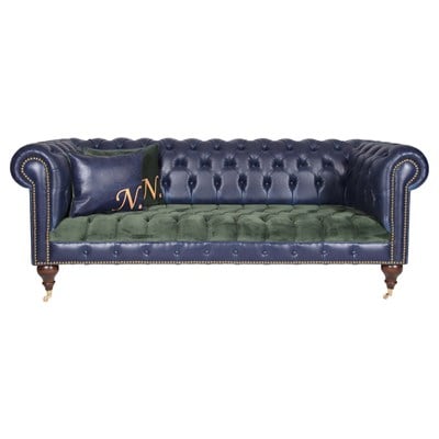3A Mobilya Dark Blue Green Leather Chesterfield