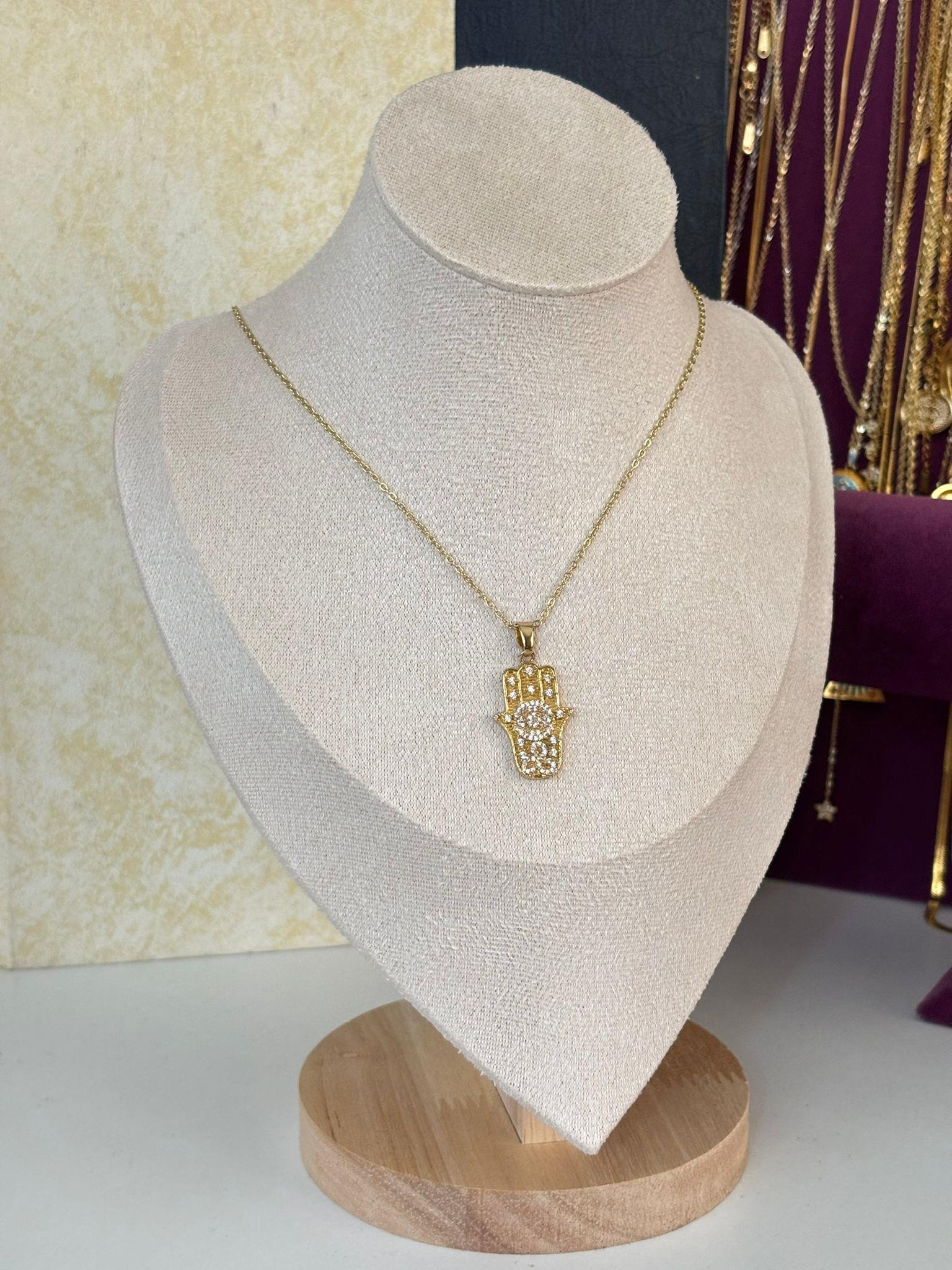 Hamsa İşlemeli Çelik Kolye(45cm)