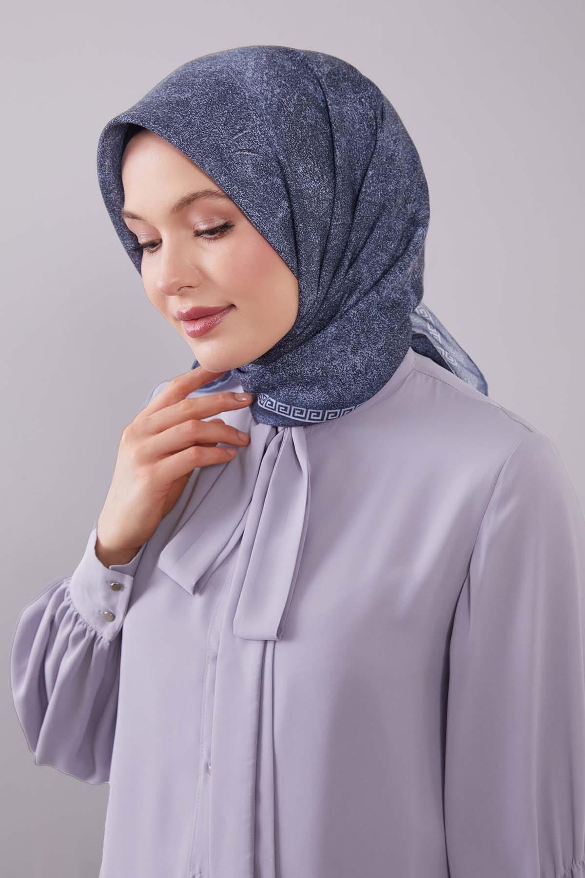 Fivescarf A.Lacivert Kenar Motifli Silk Cotton Eşarp