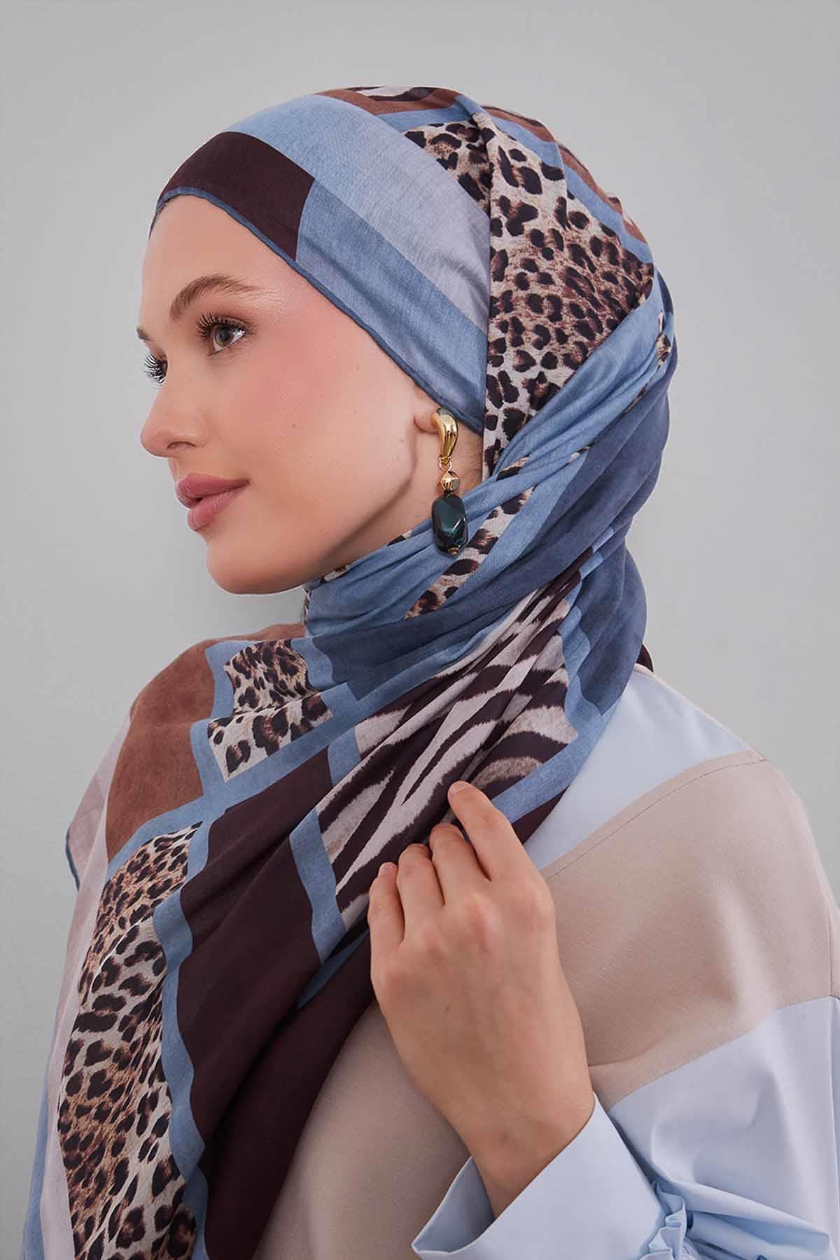 Fivescarf A.Mavi Kenar Leopar Desenli Slik Coton Eşarp