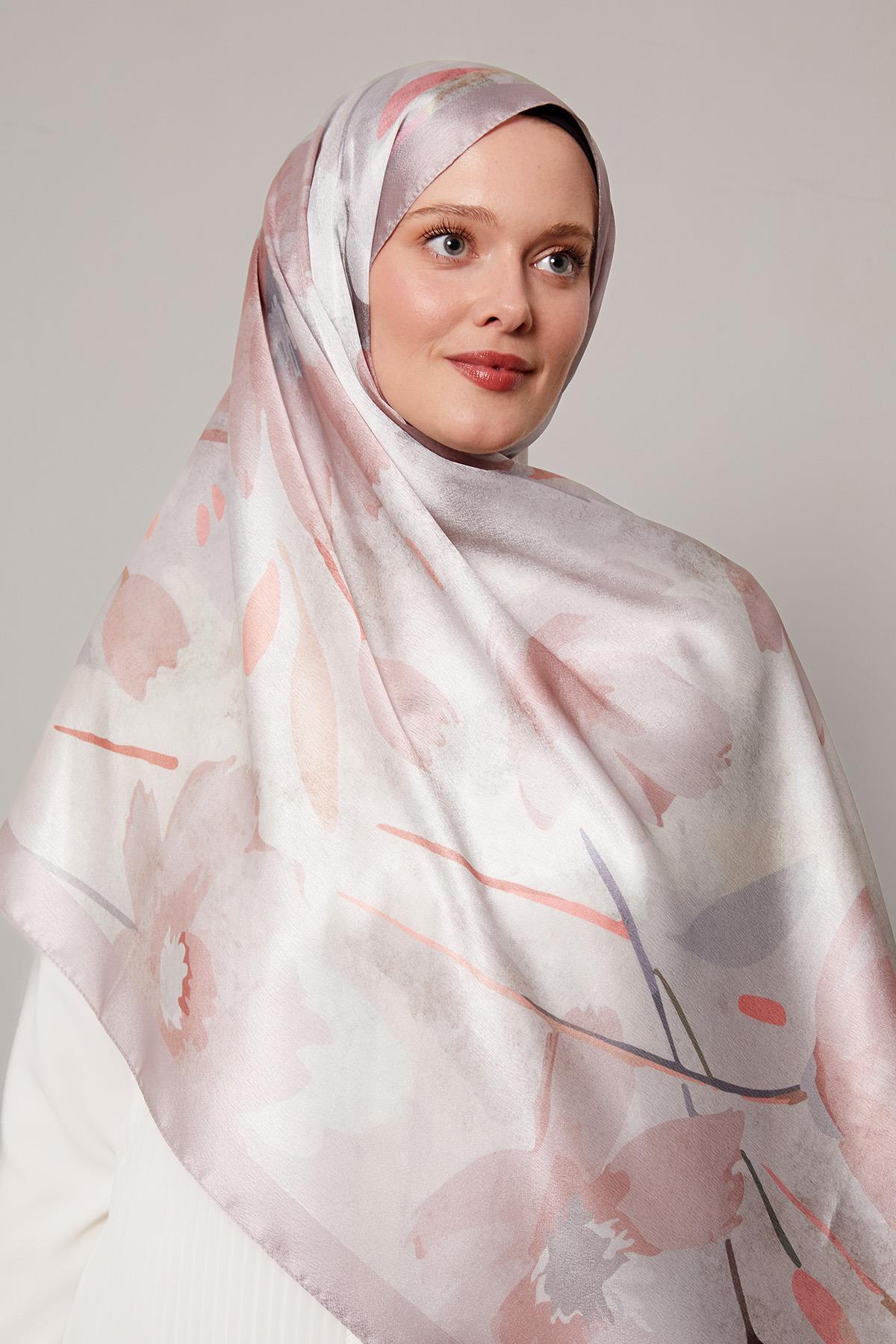 Fivescarf A.Lila Somut Çiçek Desenli Vual İpek Şal