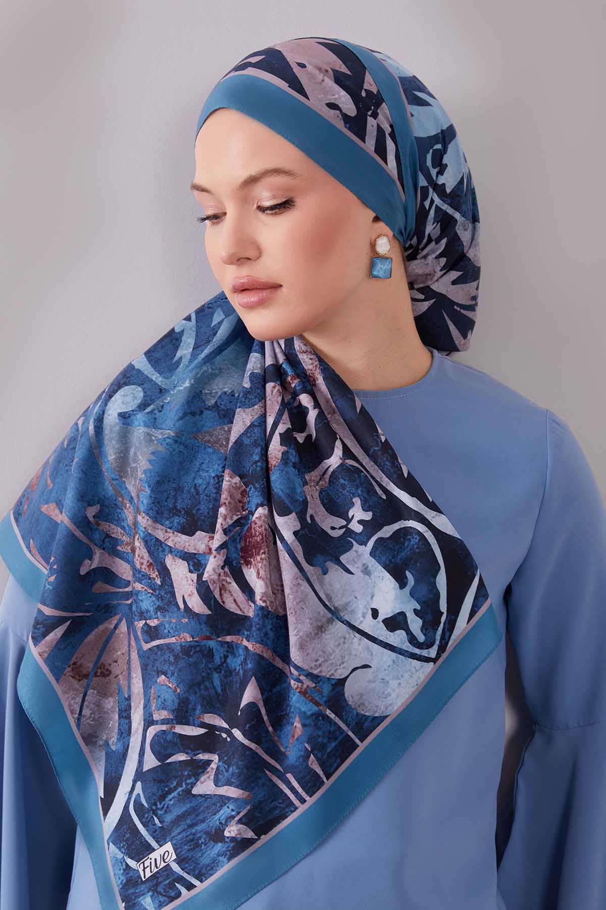 Fivescarf A.Mavi Geometrik Desen Moos Chrep Şal