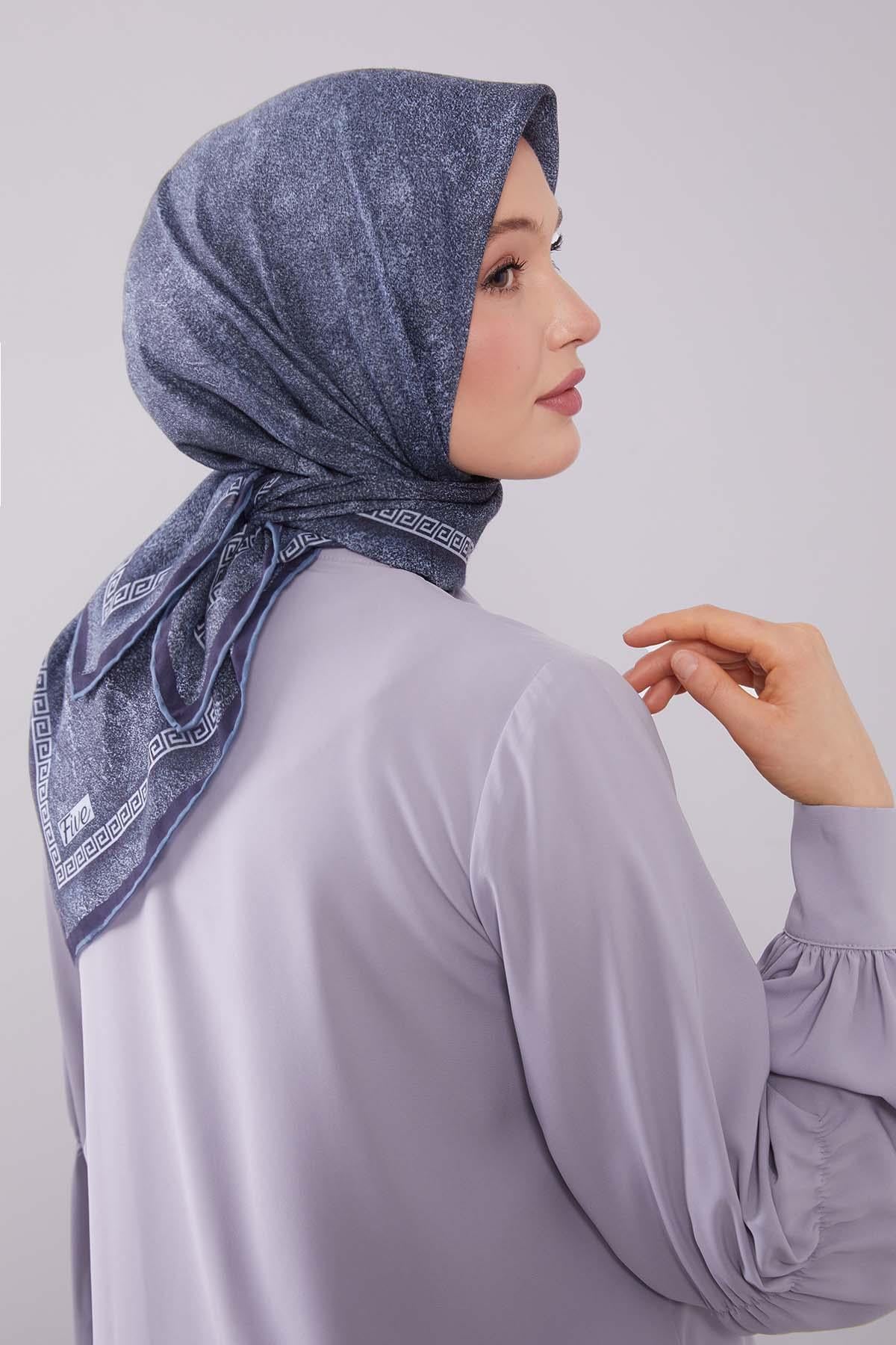 Fivescarf A.Lacivert Kenar Motifli Silk Cotton Eşarp
