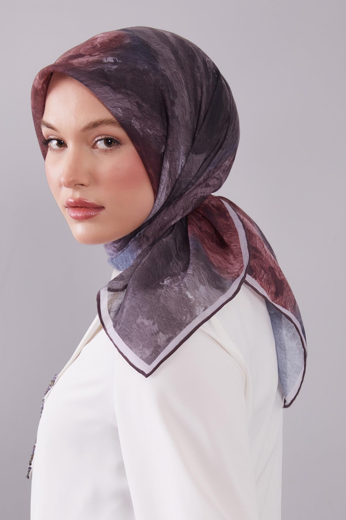 Fivescarf A.Kahve Dalga Desen Silk Coton Eşarp
