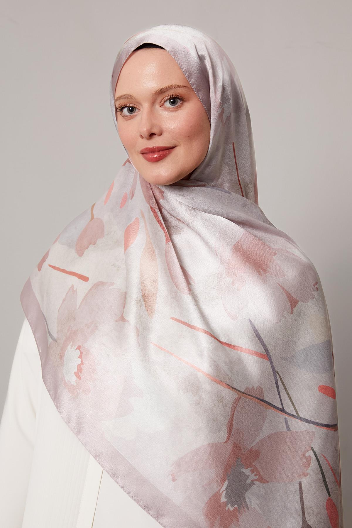 Fivescarf A.Lila Somut Çiçek Desenli Vual İpek Şal