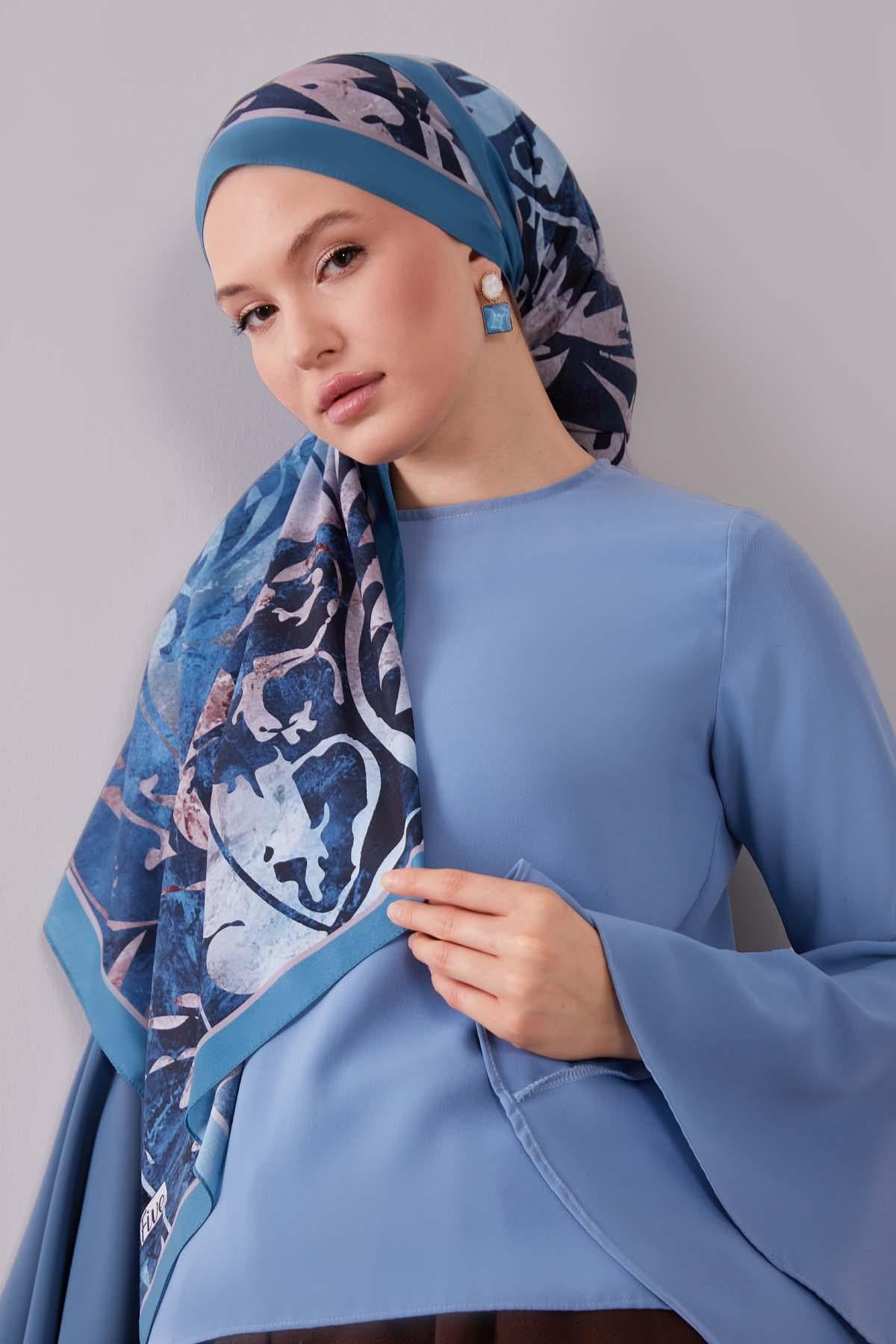 Fivescarf A.Mavi Geometrik Desen Moos Chrep Şal
