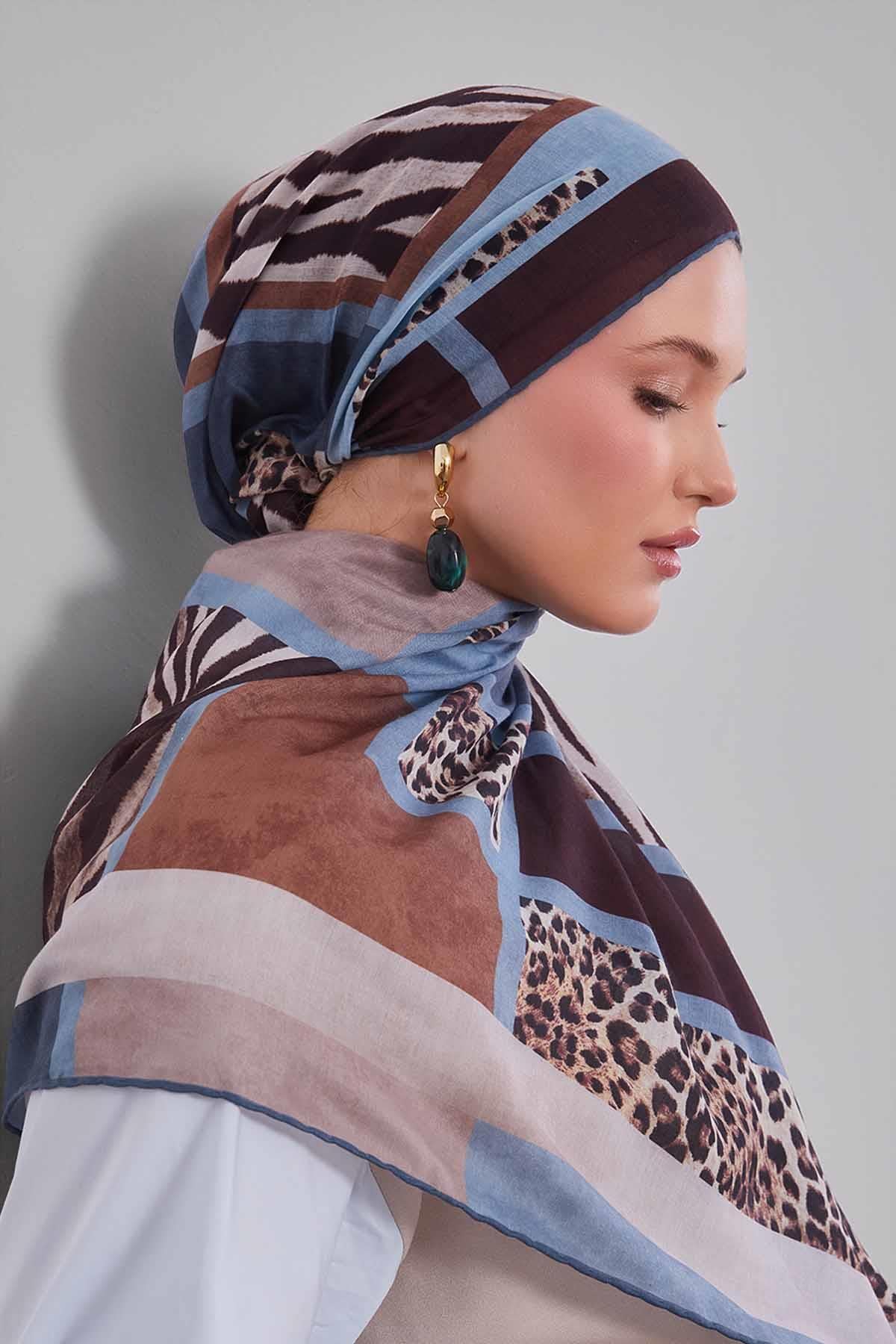 Fivescarf A.Mavi Kenar Leopar Desenli Slik Coton Eşarp