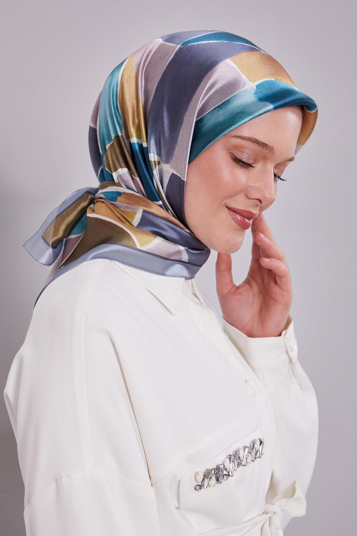 Fivescarf A.Mavi Geometrik Desen Kristal Eşarp