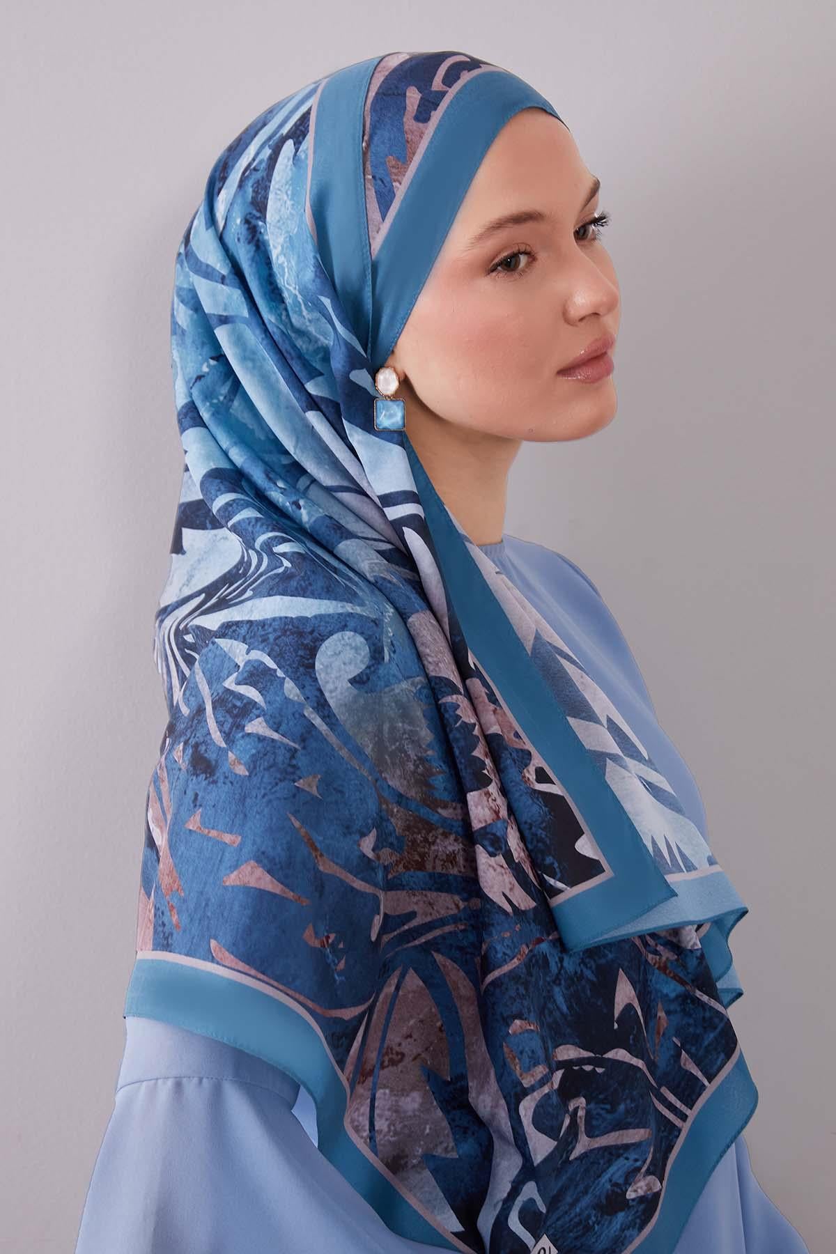 Fivescarf A.Mavi Geometrik Desen Moos Chrep Şal