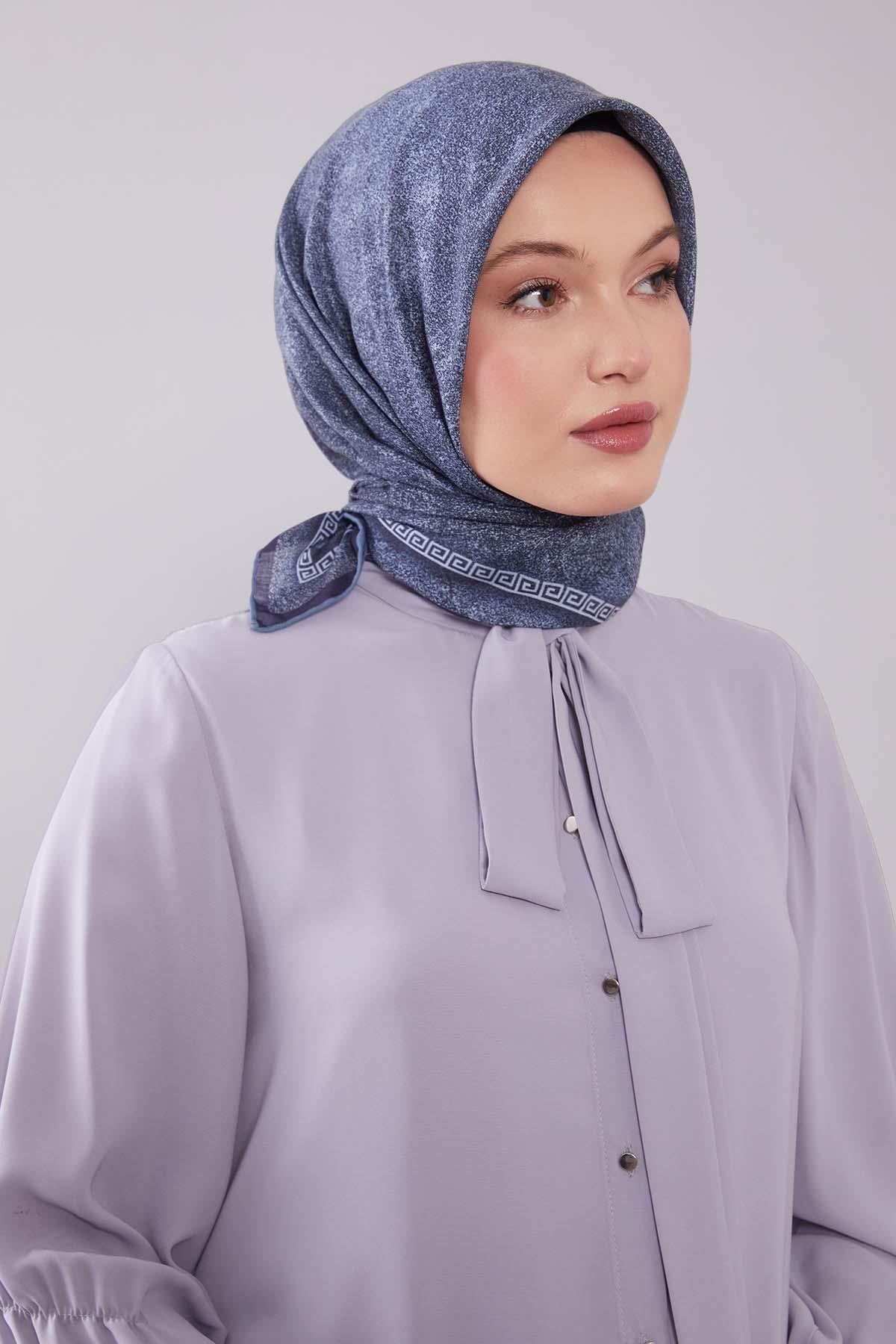 Fivescarf A.Lacivert Kenar Motifli Silk Cotton Eşarp