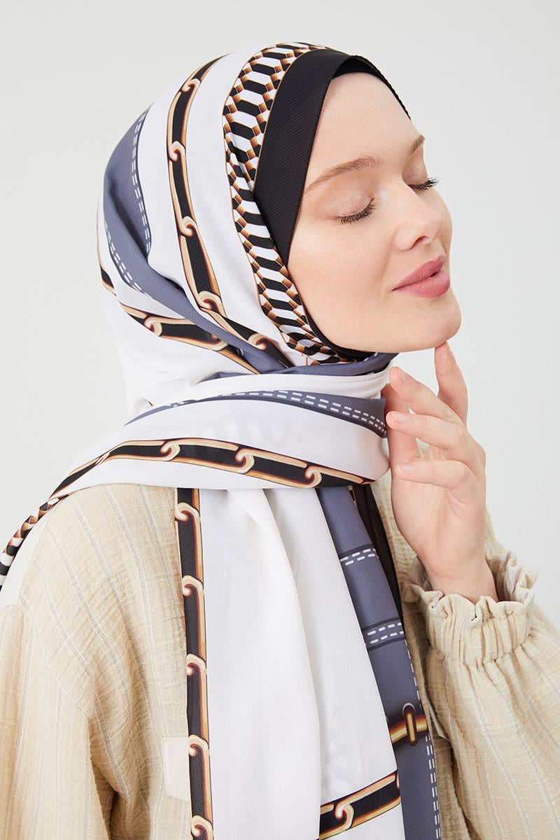 Fivescarf A.Haki Zincir Desen Violet Medine İpeği Şal