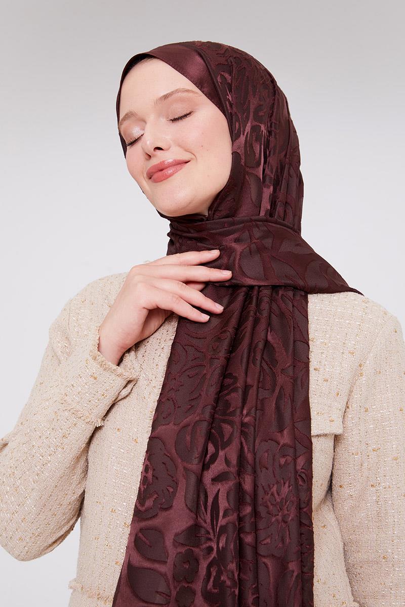 Fivescarf Acı Kahve Çiçek Desen Deluxe Devore Şal