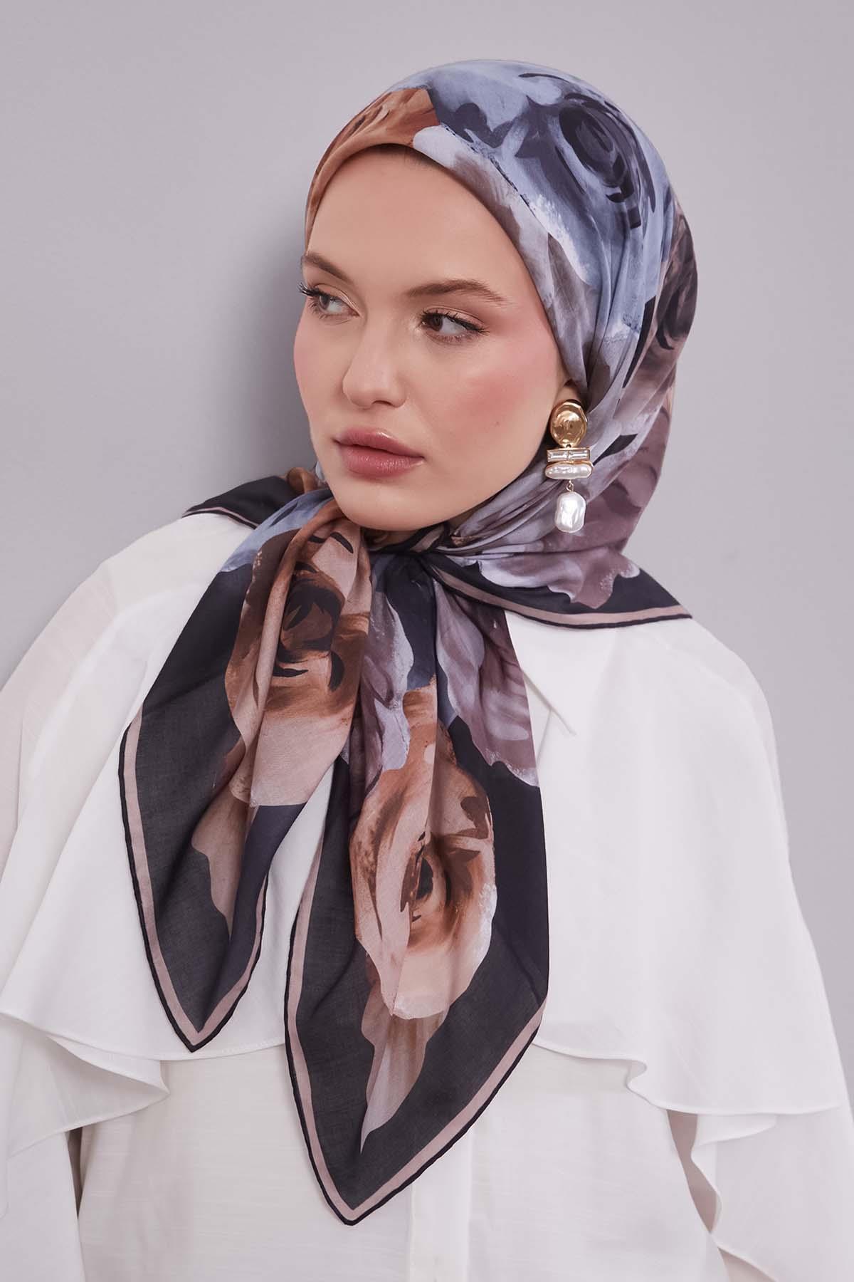 Fivescarf Acı Kahve Çiçek Desen Slik Coton Eşarp