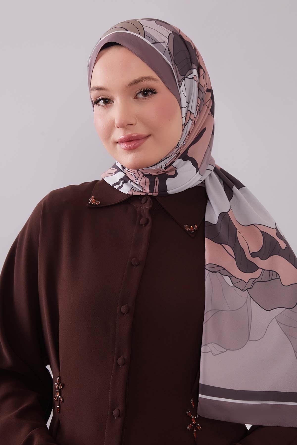 Fivescarf Acı Kahve Çiçekli Floral Desen Moos Chrep Şal