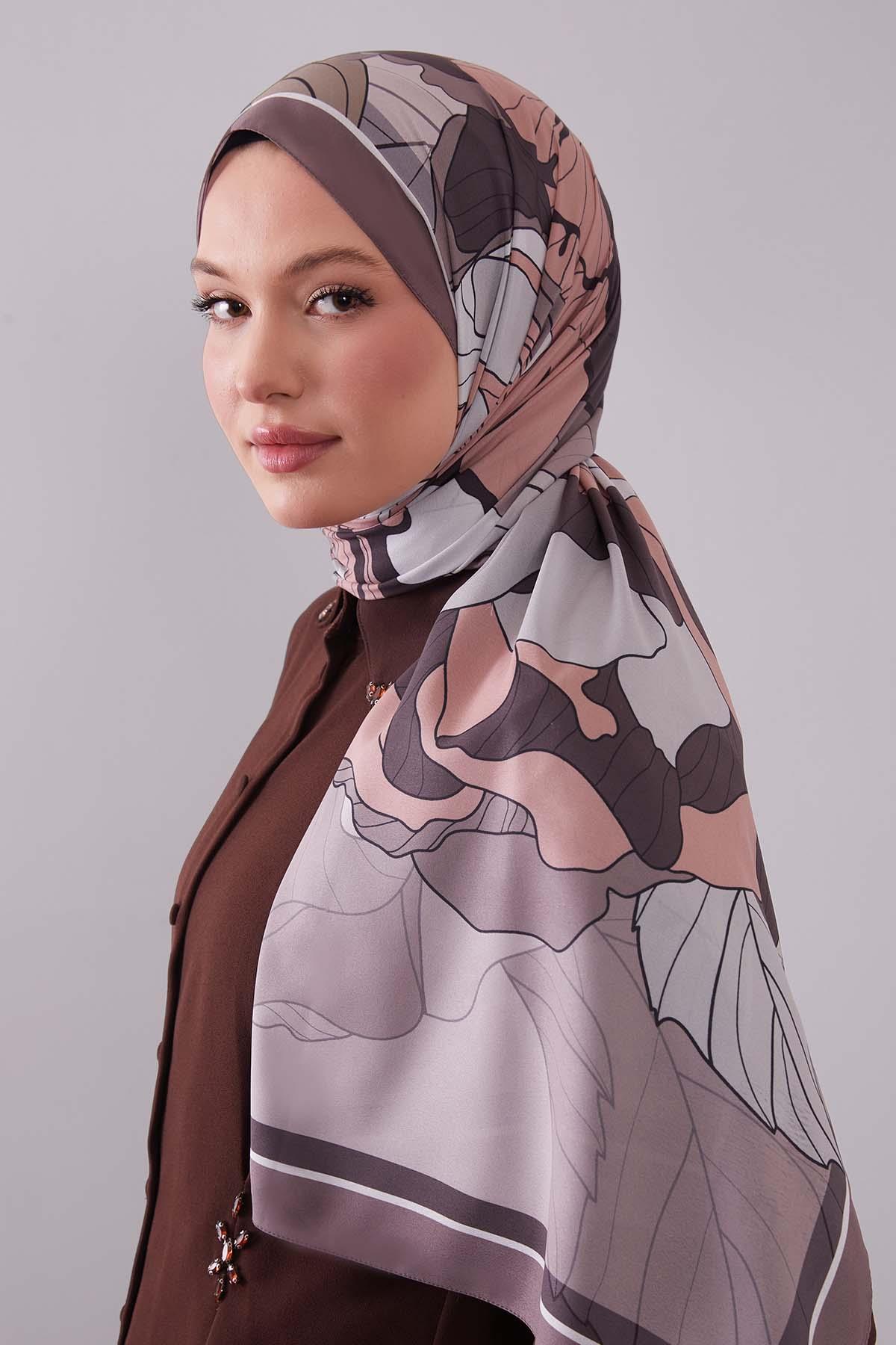 Fivescarf Acı Kahve Çiçekli Floral Desen Moos Chrep Şal