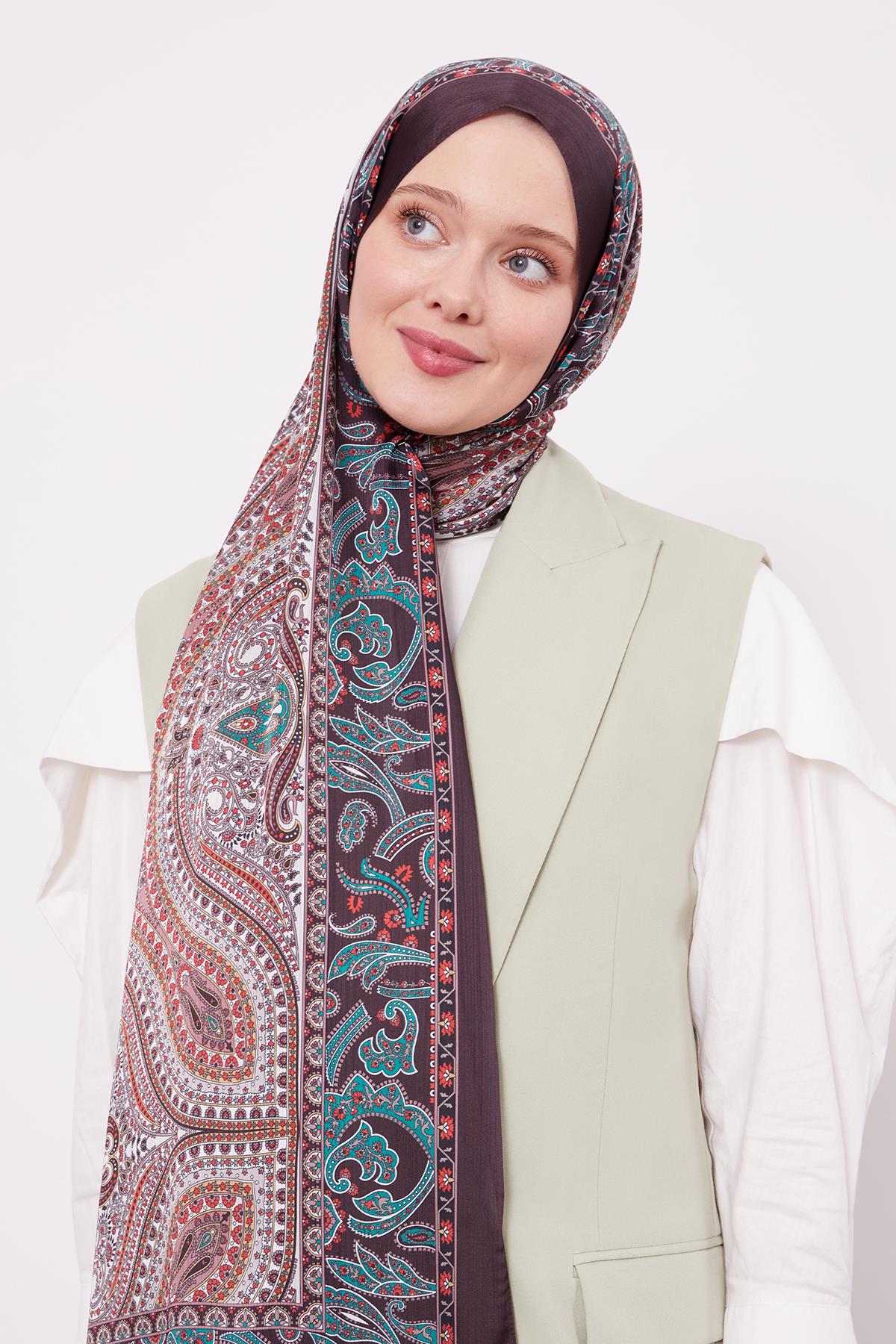 Fivescarf Acı Kahve Etnik Desen Brand Şal