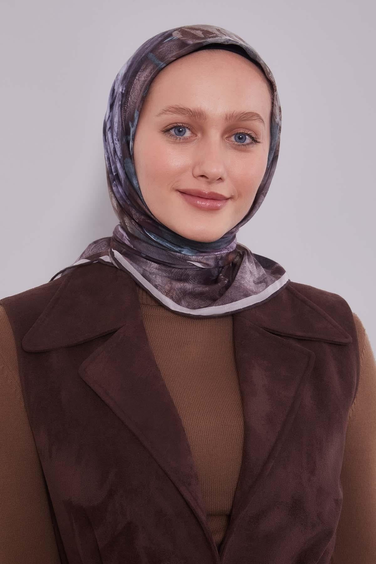 Fivescarf Acı Kahve Lale Desen Silk Coton Eşarp