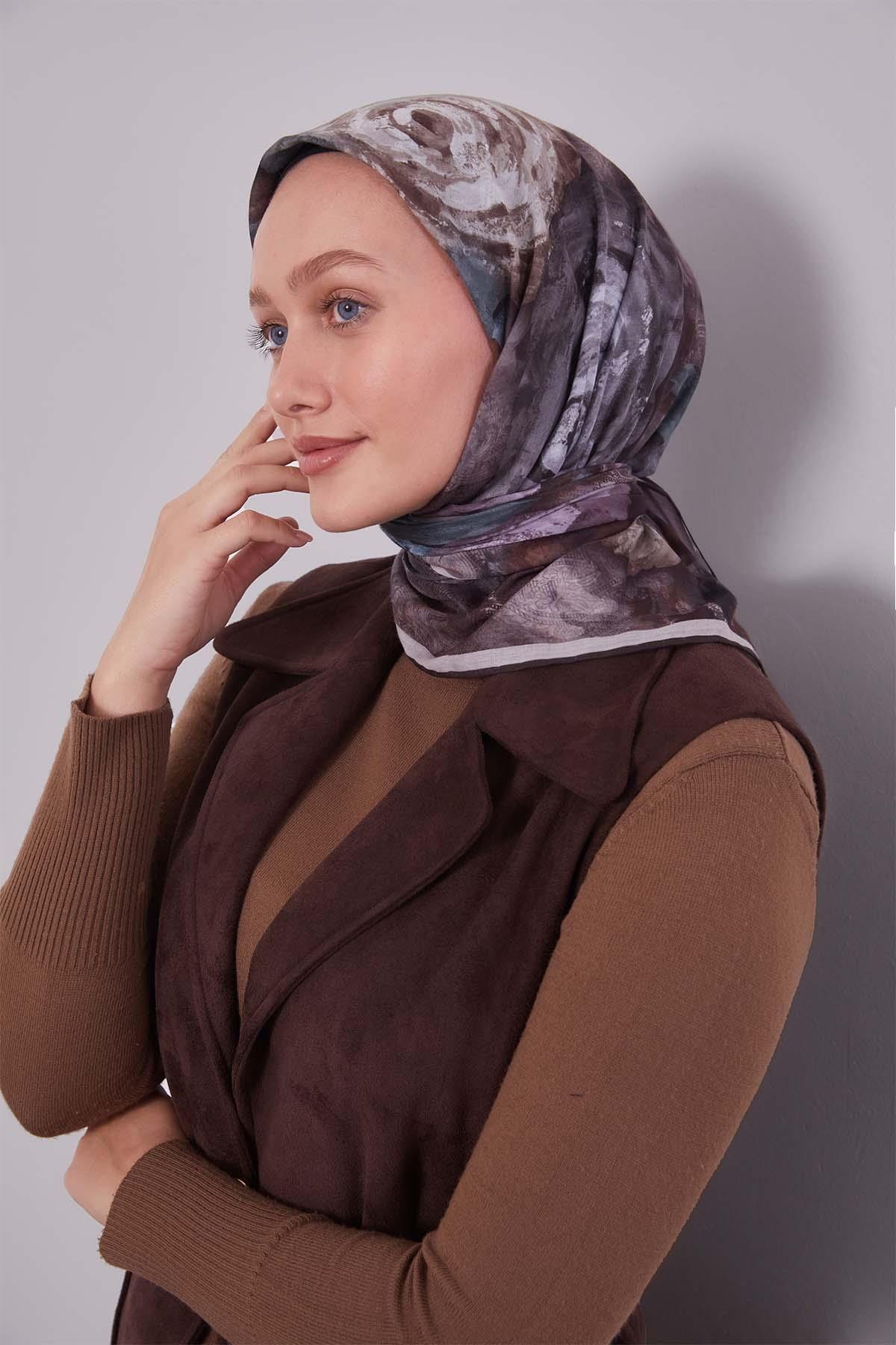 Fivescarf Acı Kahve Lale Desen Silk Coton Eşarp