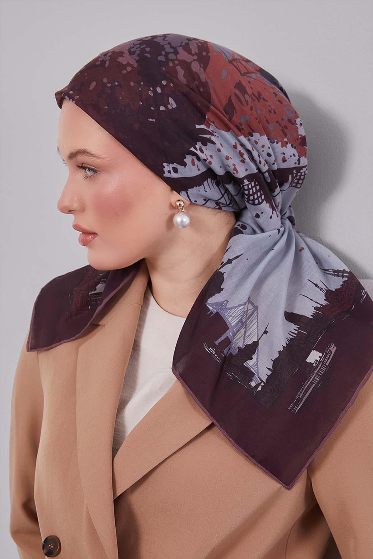 Fivescarf Acı Kahve Manzara Desen Silk Coton Eşarp