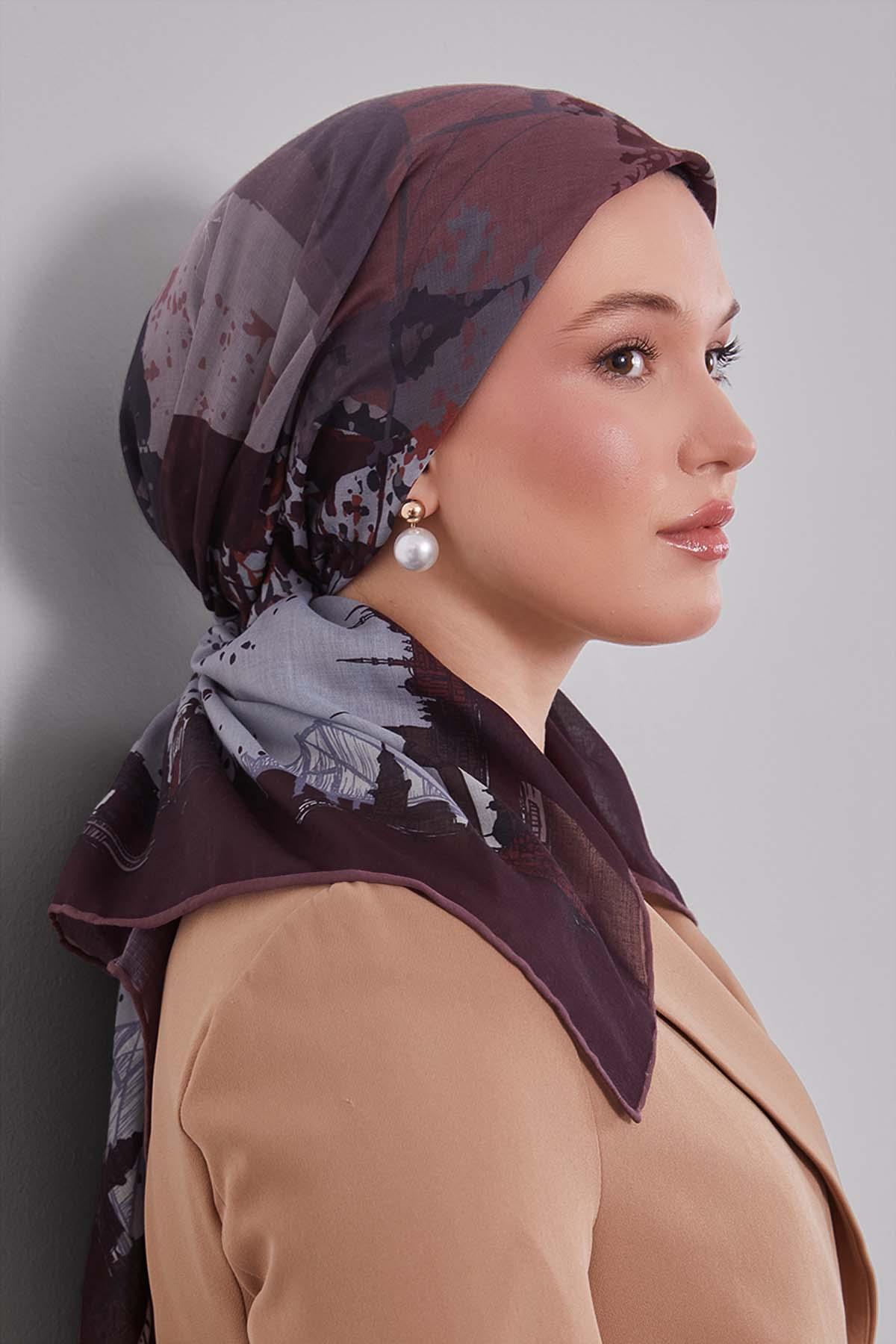 Fivescarf Acı Kahve Manzara Desen Silk Coton Eşarp