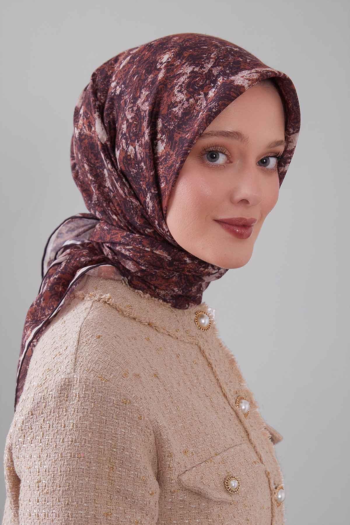 Fivescarf Acı Kahve Retro Çiçek Desen Silk Coton Eşarp