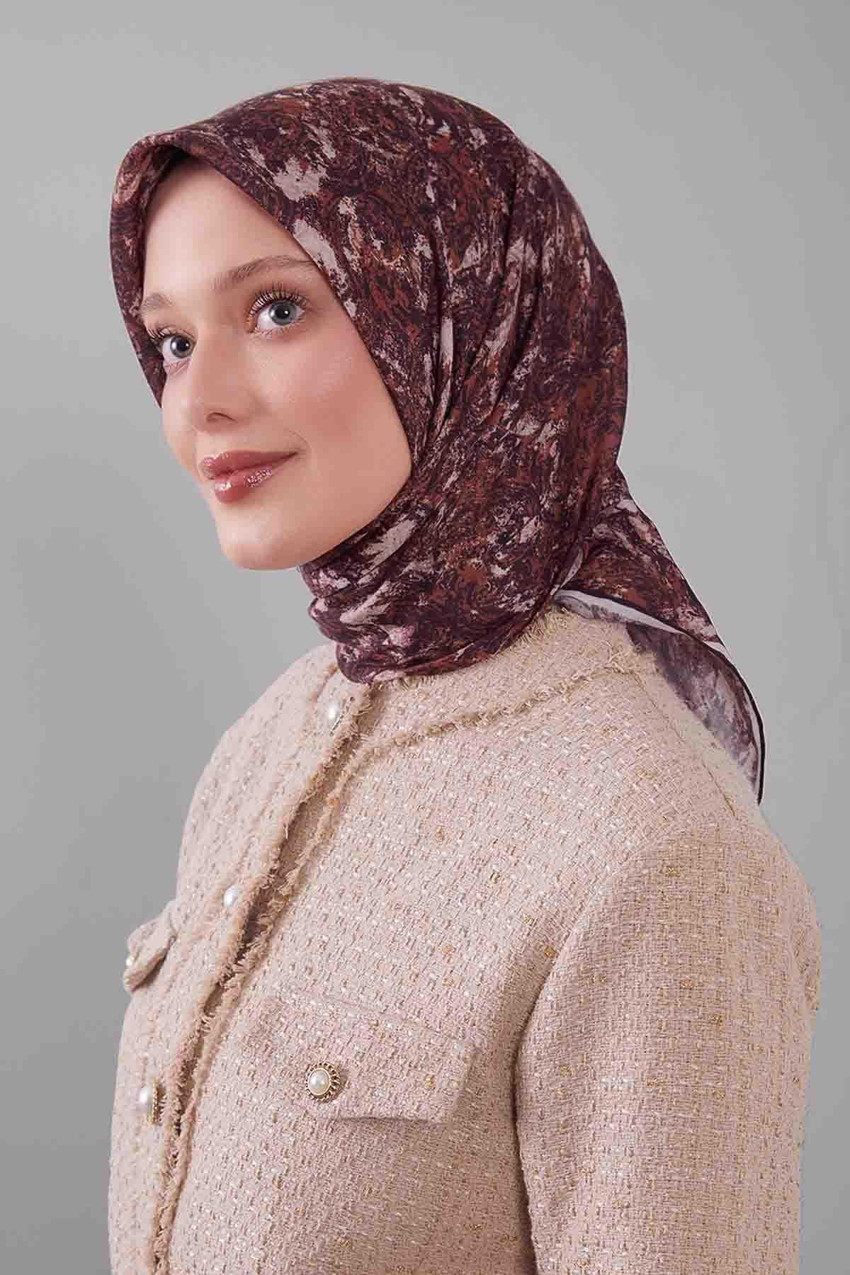 Fivescarf Acı Kahve Retro Çiçek Desen Silk Coton Eşarp