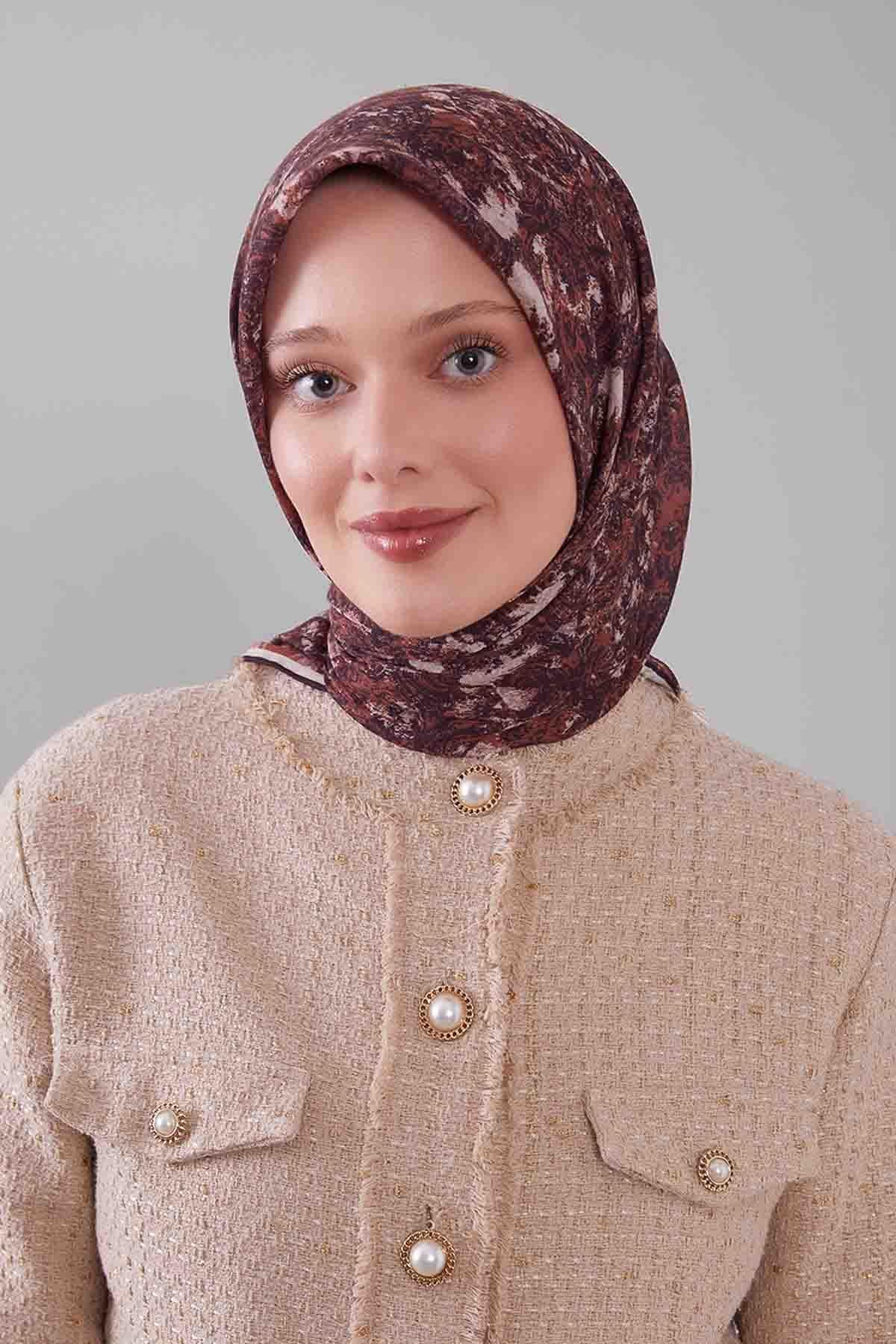 Fivescarf Acı Kahve Retro Çiçek Desen Silk Coton Eşarp