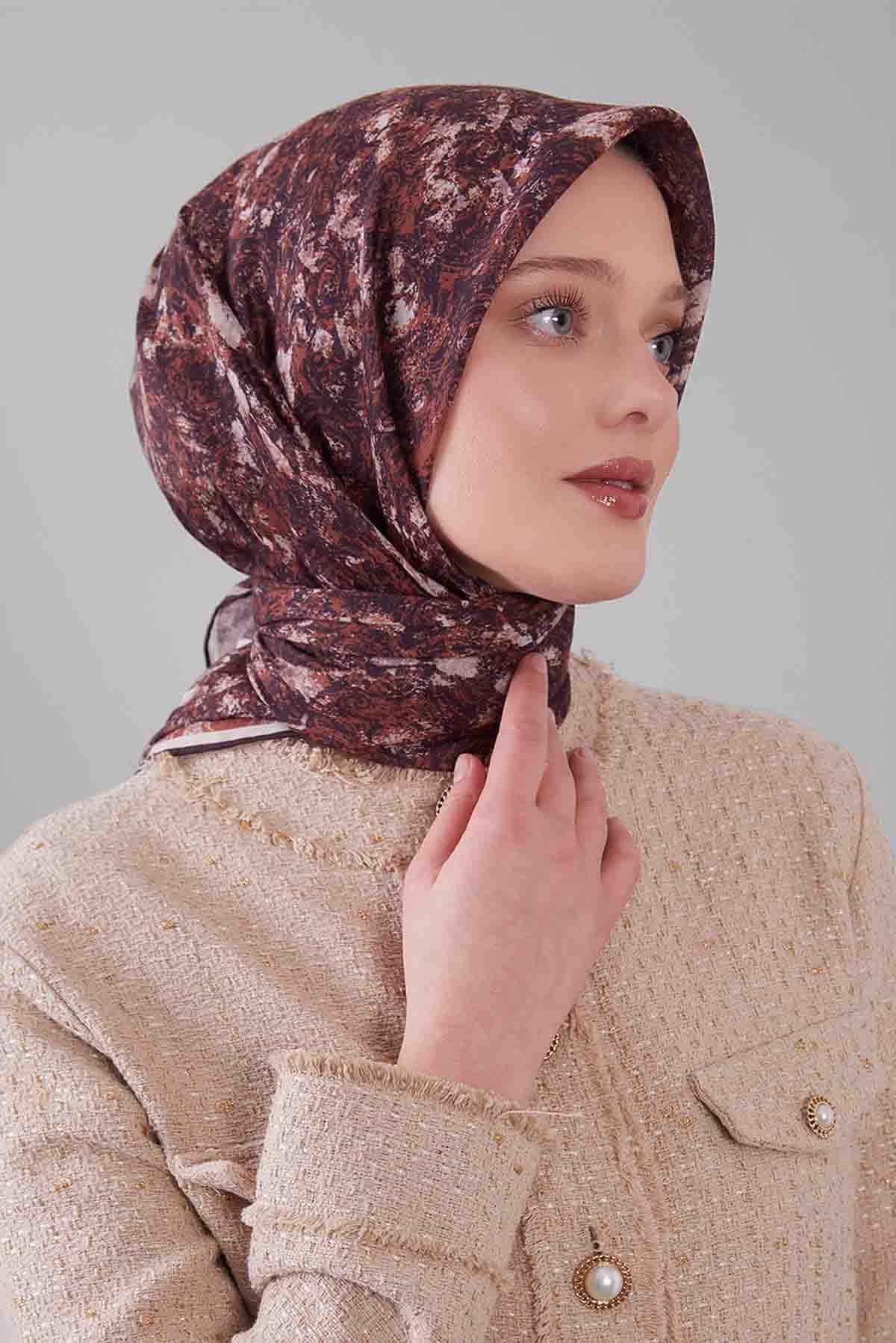 Fivescarf Acı Kahve Retro Çiçek Desen Silk Coton Eşarp