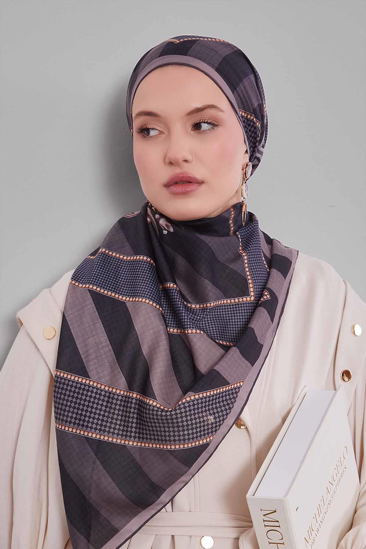 Fivescarf Antrasit Boncuk Desen Silk Coton Eşarp
